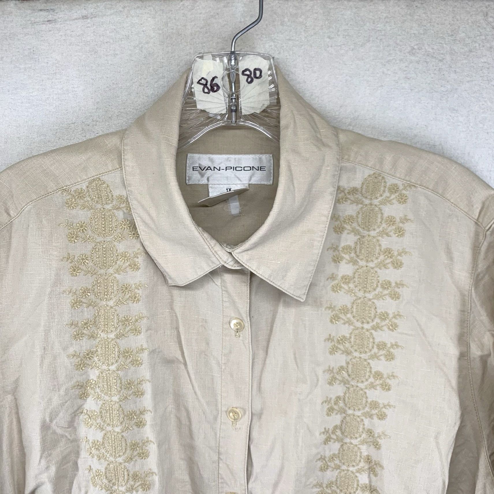 Evan Picone VINTAGE Women's Linen Blend Button-Up Shirt 1X Beige Embroidered All Seasons Bohemian Evan Picone Size XL / US 12-14 / IT 48-50 - 4 Thumbnail