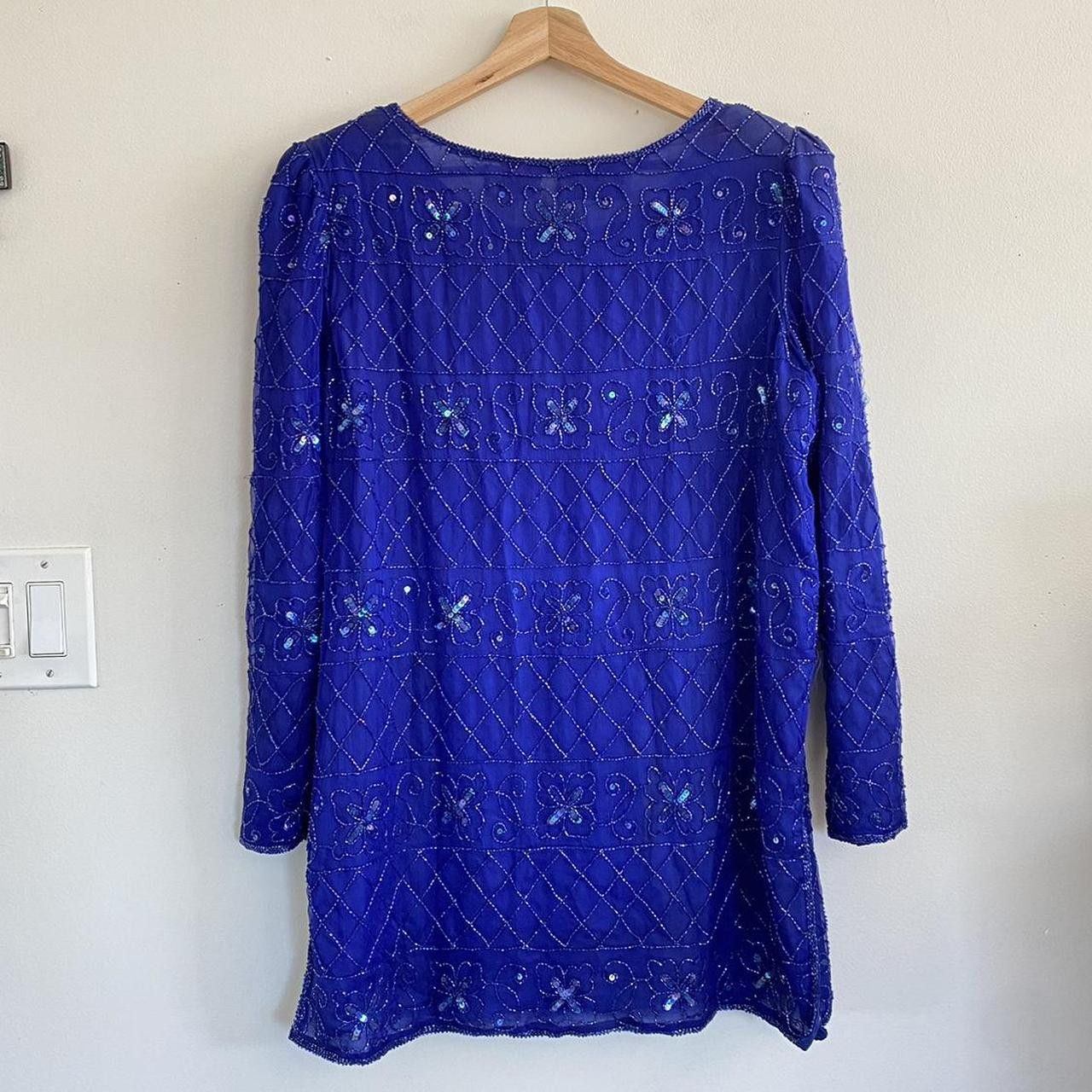 Vintage SILKY NITES VINTAGE BLUE SILK SEQUIN MINI DRESS LARGE Size L / US 10 / IT 46 - 7 Thumbnail