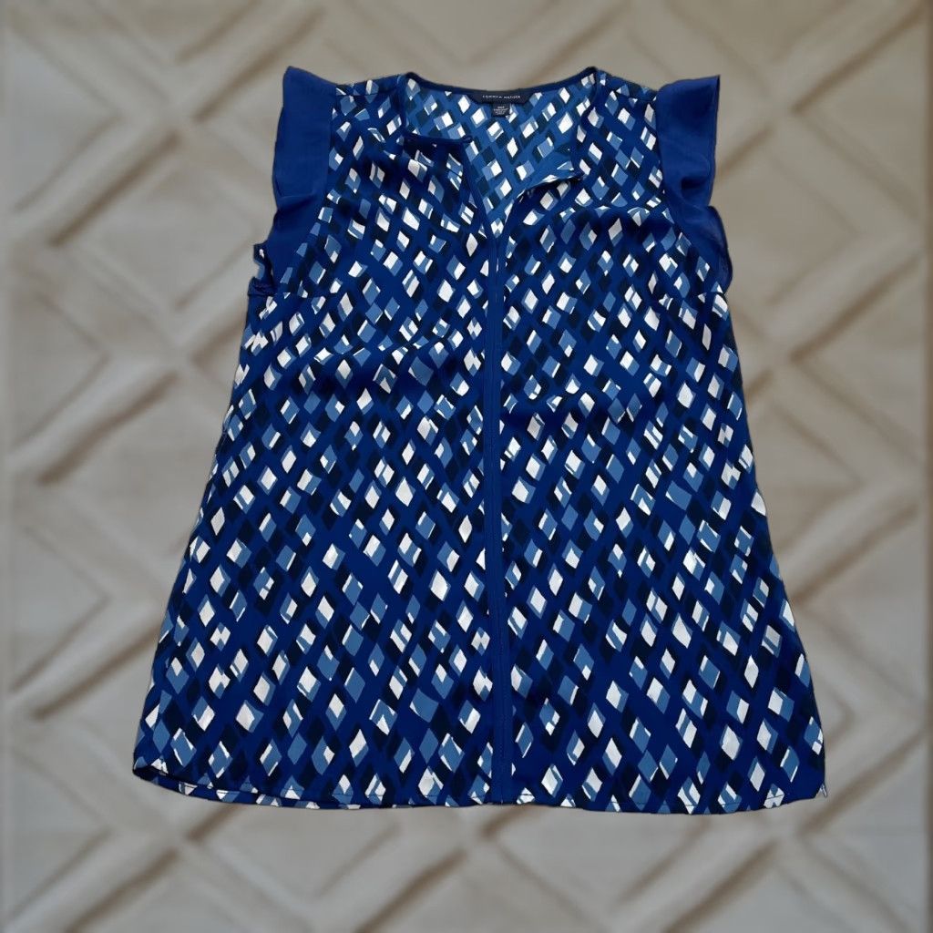 Tommy Hilfiger Tommy Hilfiger Blouse Womens XXS 2XS Blue Argyle Flutter Cap Sleeve Shirt Size XXS / US 00 / IT 34 - 1 Thumbnail