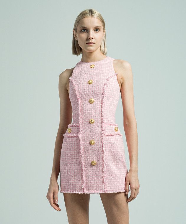 Balmain o1s1wg110825 Gingham Tweed Dress in Pink Size L / US 10 / IT 46 - 2 Thumbnail