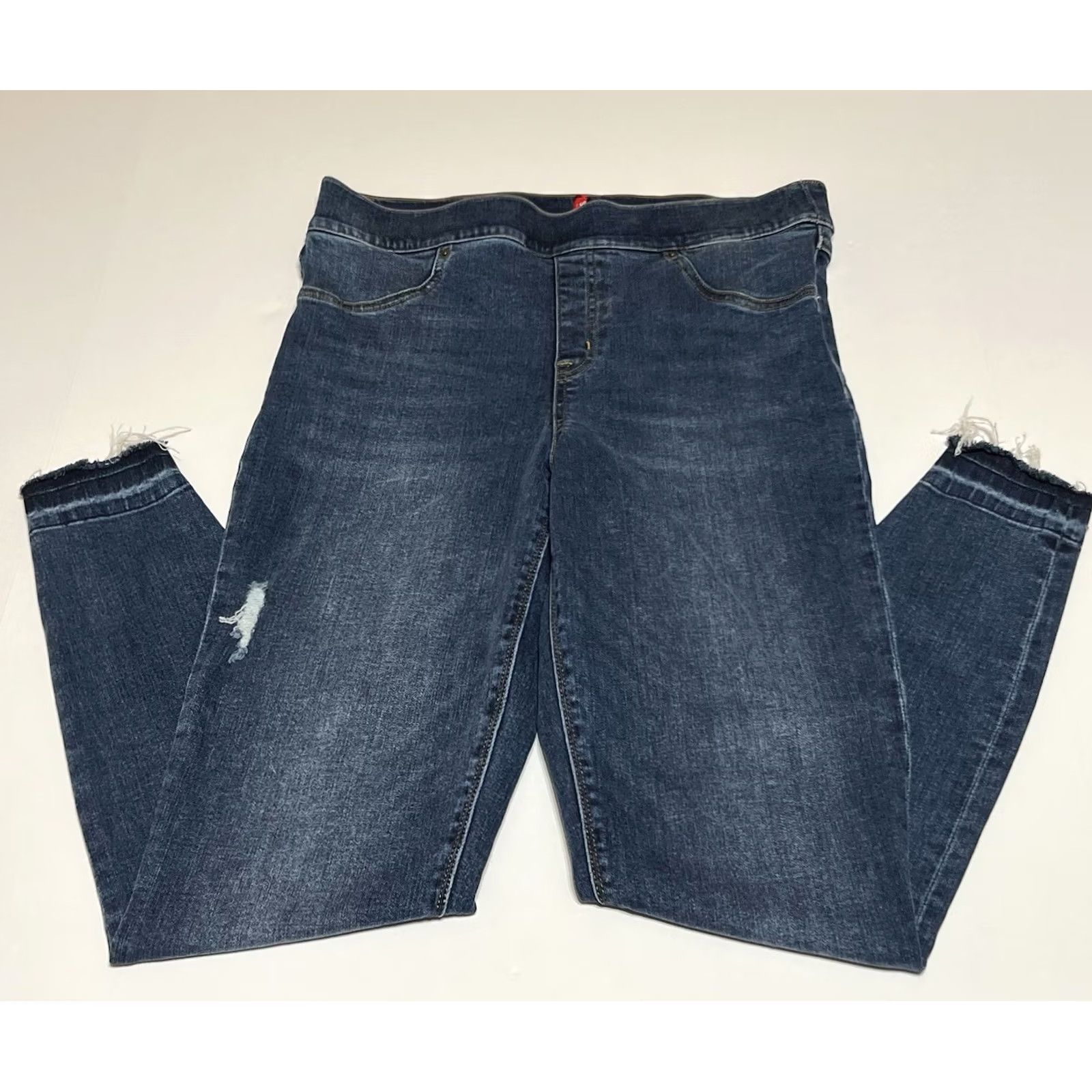 Spanx SPANX Women's Distressed Ankle Skinny High Rise Jeans Size Large Regular Stretch Blue Denim Slimming Raw Hem Size 36" / US 14 / IT 50 - 2 Thumbnail
