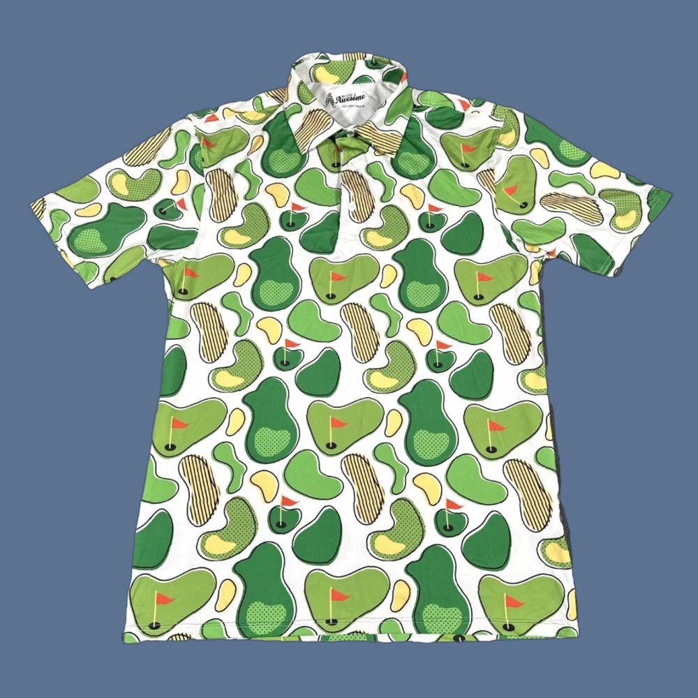 Vintage Royal & Awesome Polo Shirt Mens Medium Green White Golf Course Print Stretch Size US M / EU 48-50 / 2 - 1 Thumbnail