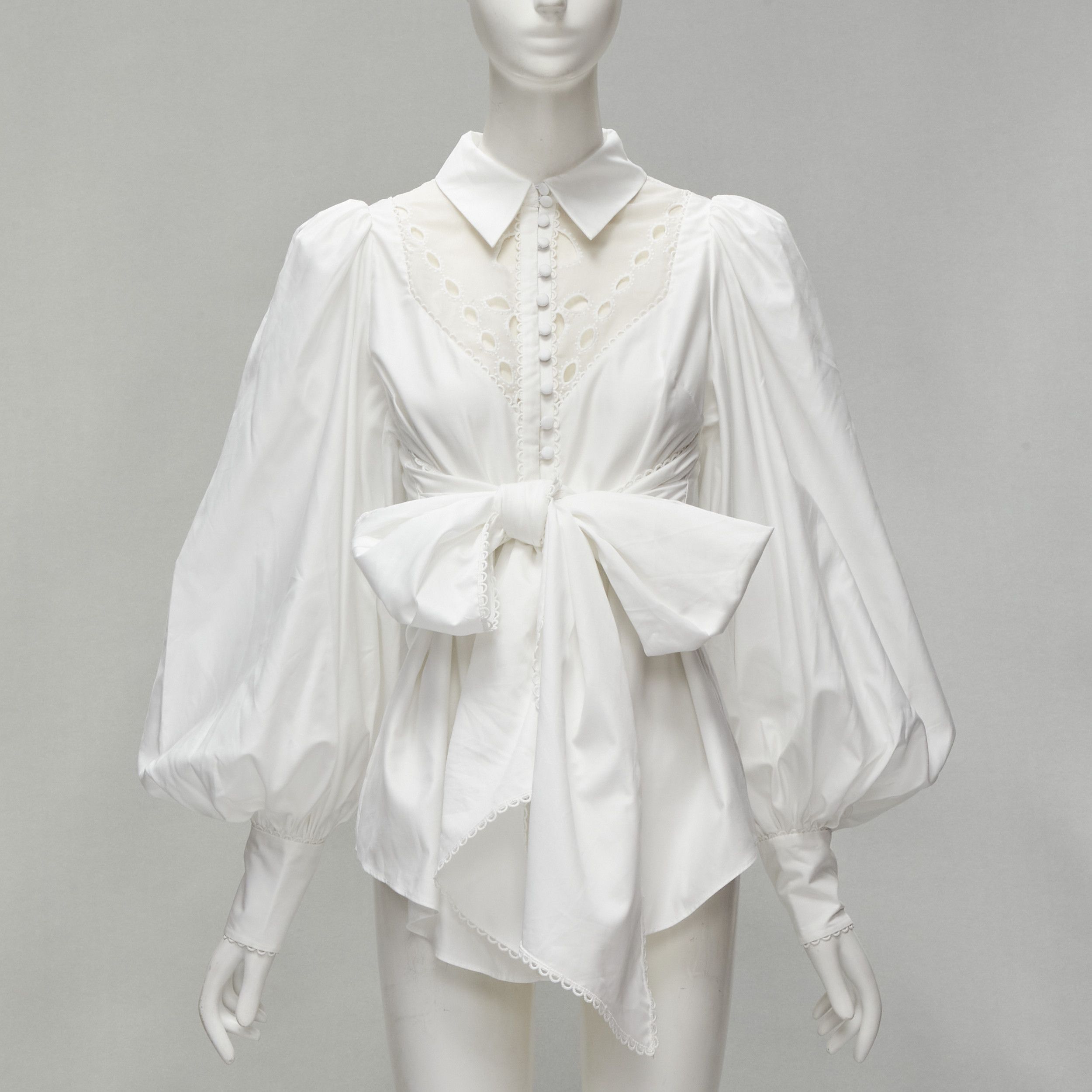 Acler ACLER white cotton eyelet cutout big bow puff sleeve blouse US2 S Size S / US 4 / IT 40 - 1 Thumbnail