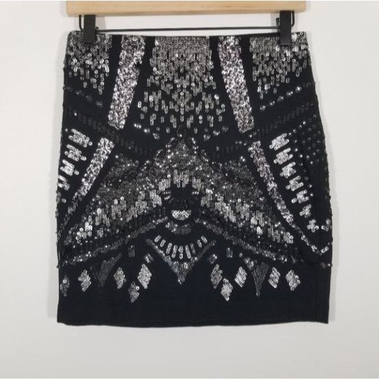 Express Express Black Silver Sequin Embellished Stretch Mini Skirt Size 27" / US 4 / IT 40 - 1 Thumbnail