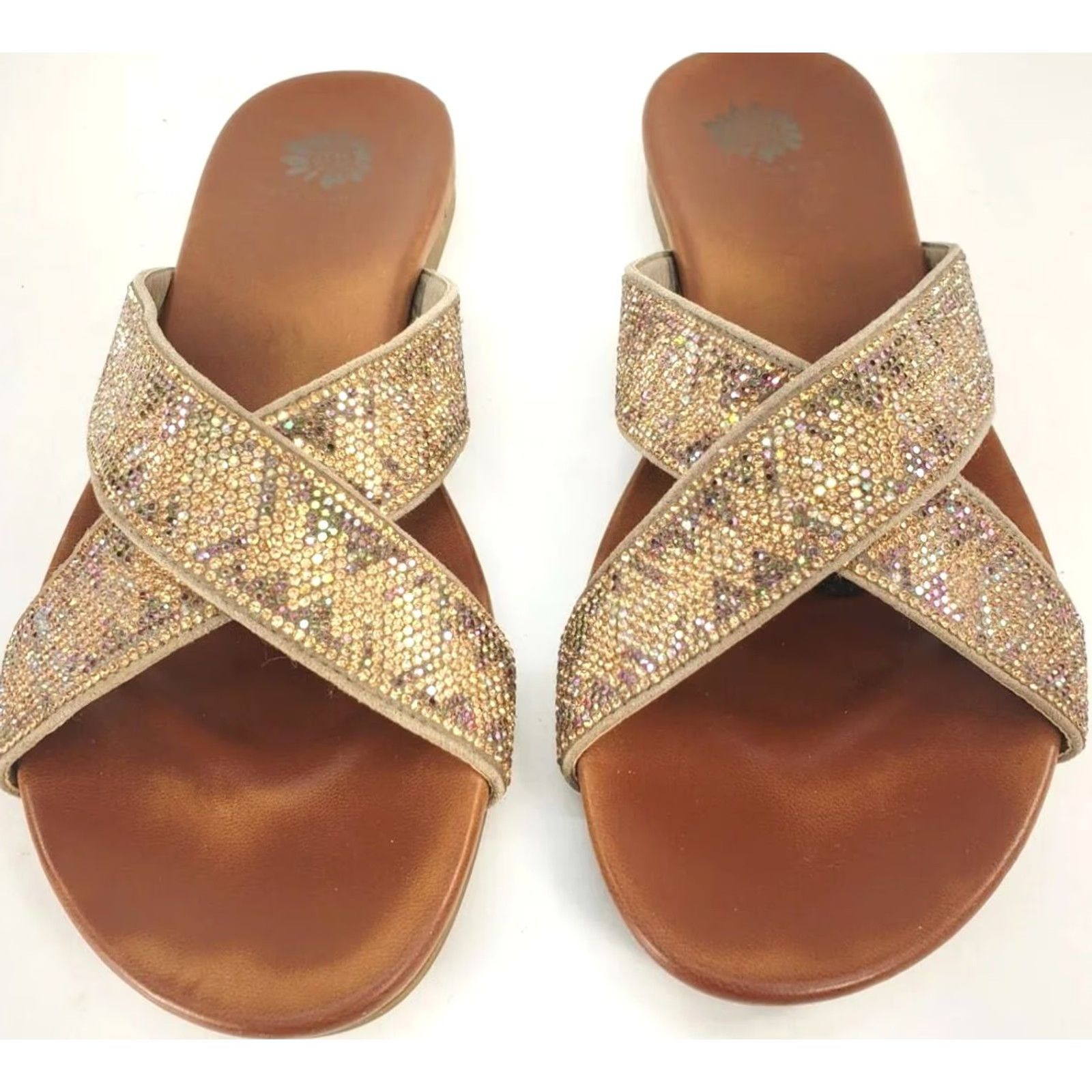 Vintage Yellow Box Bali Womens Slides 7.5 Gold Rhinestone Blingy X-Cross Front Shoes Womens Medium Gold Rhinestone Blingy X-Cross Front Size US 8 / IT 38 - 3 Thumbnail