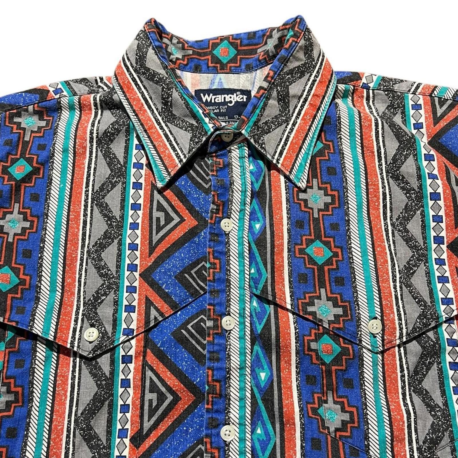 Wrangler Vintage Wrangler Blue Aztec Western Brushpopper Rodeo Shirt Size US XL / EU 56 / 4 - 4 Thumbnail