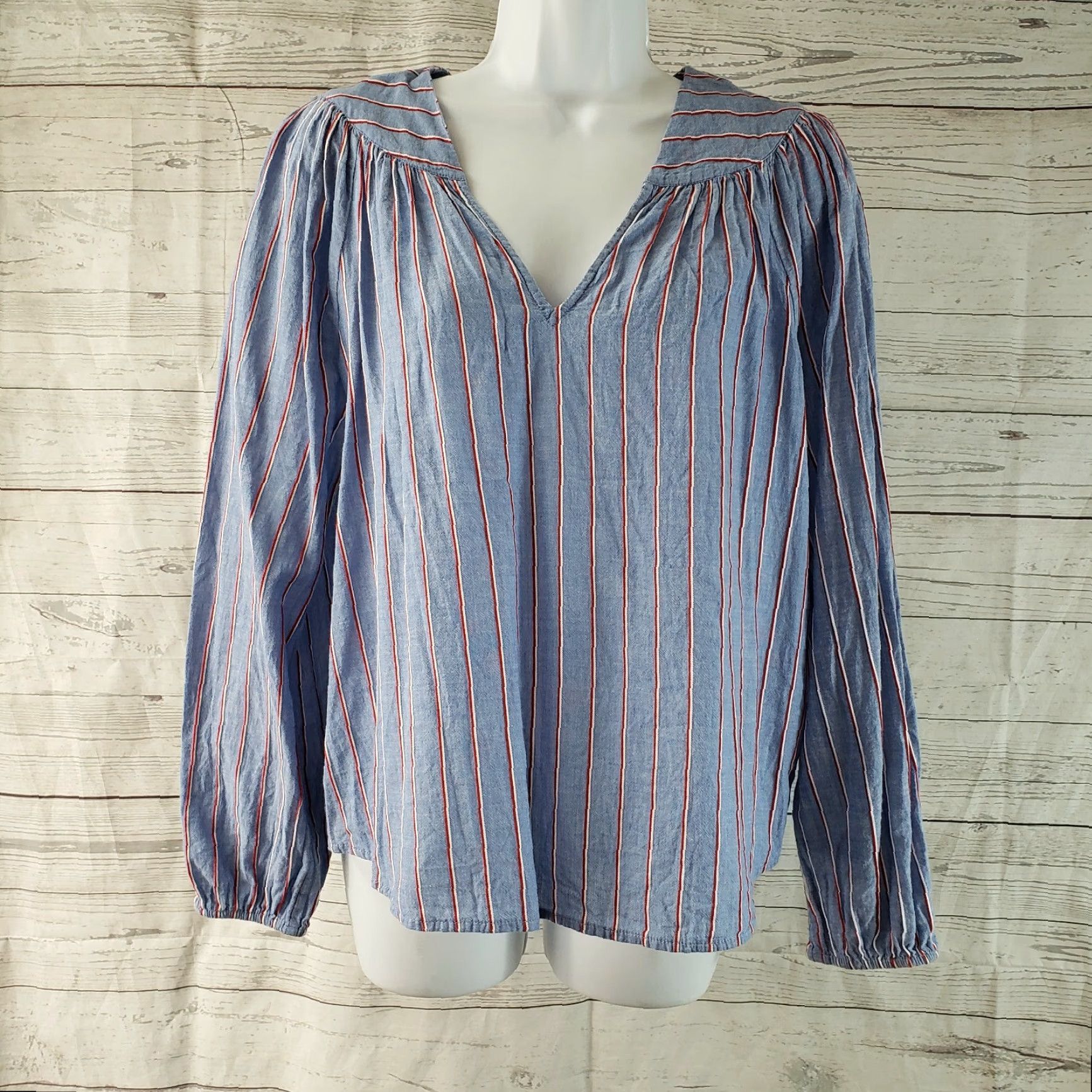 Gap Gap Blouse Shirt Blue Striped Long Sleeve V-Neck 100% Cotton M Womens Size M / US 6-8 / IT 42-44 - 2 Thumbnail
