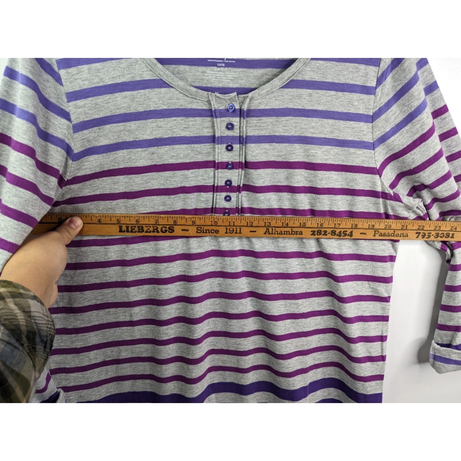 Vintage NWT Lane Bryant Blouse 1/4 Button Up Women's 14/16 Purple Grey Stripe Long Sleeve Round Neck Cotton 100% Machine Washable Womens Size XL / US 12-14 / IT 48-50 - 7 Thumbnail