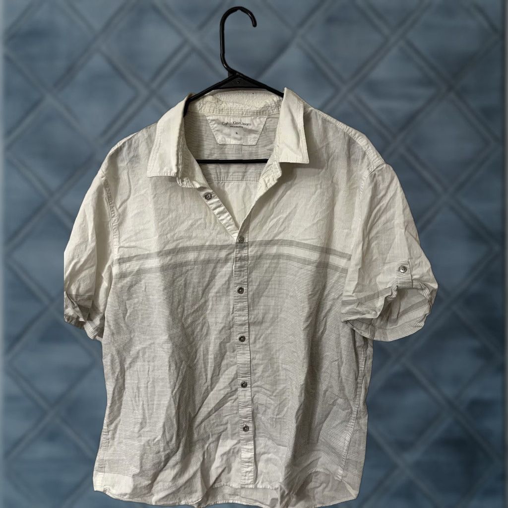 Calvin Klein Calvin Klein Striped Button-Up Shirt Mens XL Short Sleeve Collared Brilliant White Casual Size US 36 / EU 52 - 1 Thumbnail