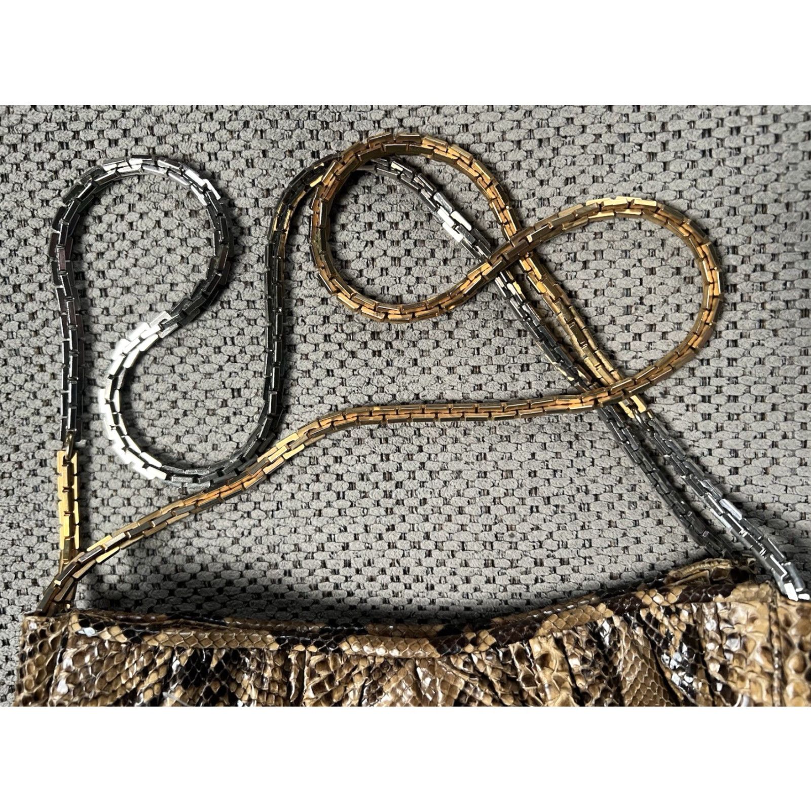Judith Leiber VINTAGE Judith Leiber Snake Skin Shoulder Bag Gold Silver Chain Strap Women's Medium Tan Brown Gold Snake 70s 80s Evening Day Size ONE SIZE - 6 Thumbnail