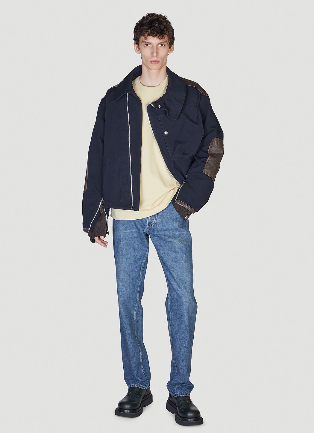 image of Bottega Veneta O1Bcso1Str0324 Cotton Canvas And Leather Jacket In Blue, Men's (Size Small)