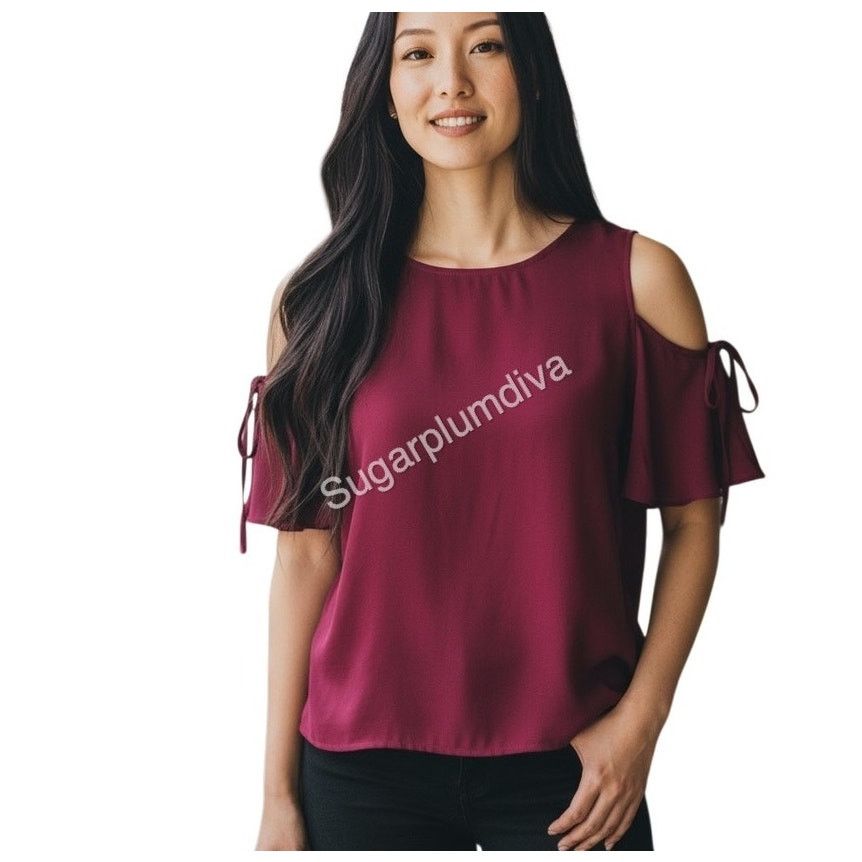 Other Who What Wear Burgundy Cold Shoulder Top Blouse MEDIUM NWT Size M / US 6-8 / IT 42-44 - 1 Thumbnail
