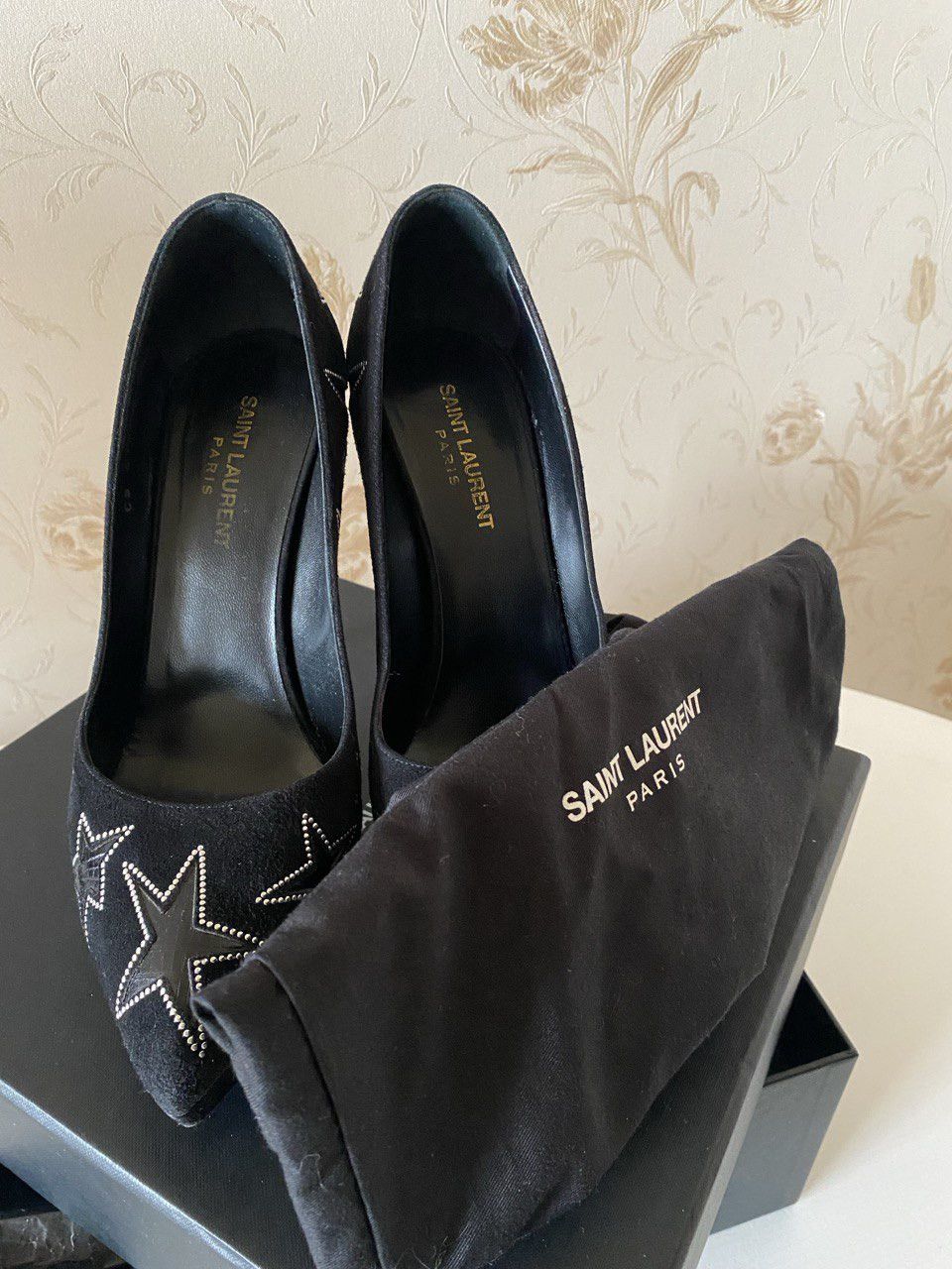 Yves Saint Laurent SAINT LAURENT BLACK VELVET STAR STUDDED PLATFORM HEELS Size US 9.5 / IT 39.5 - 2 Thumbnail