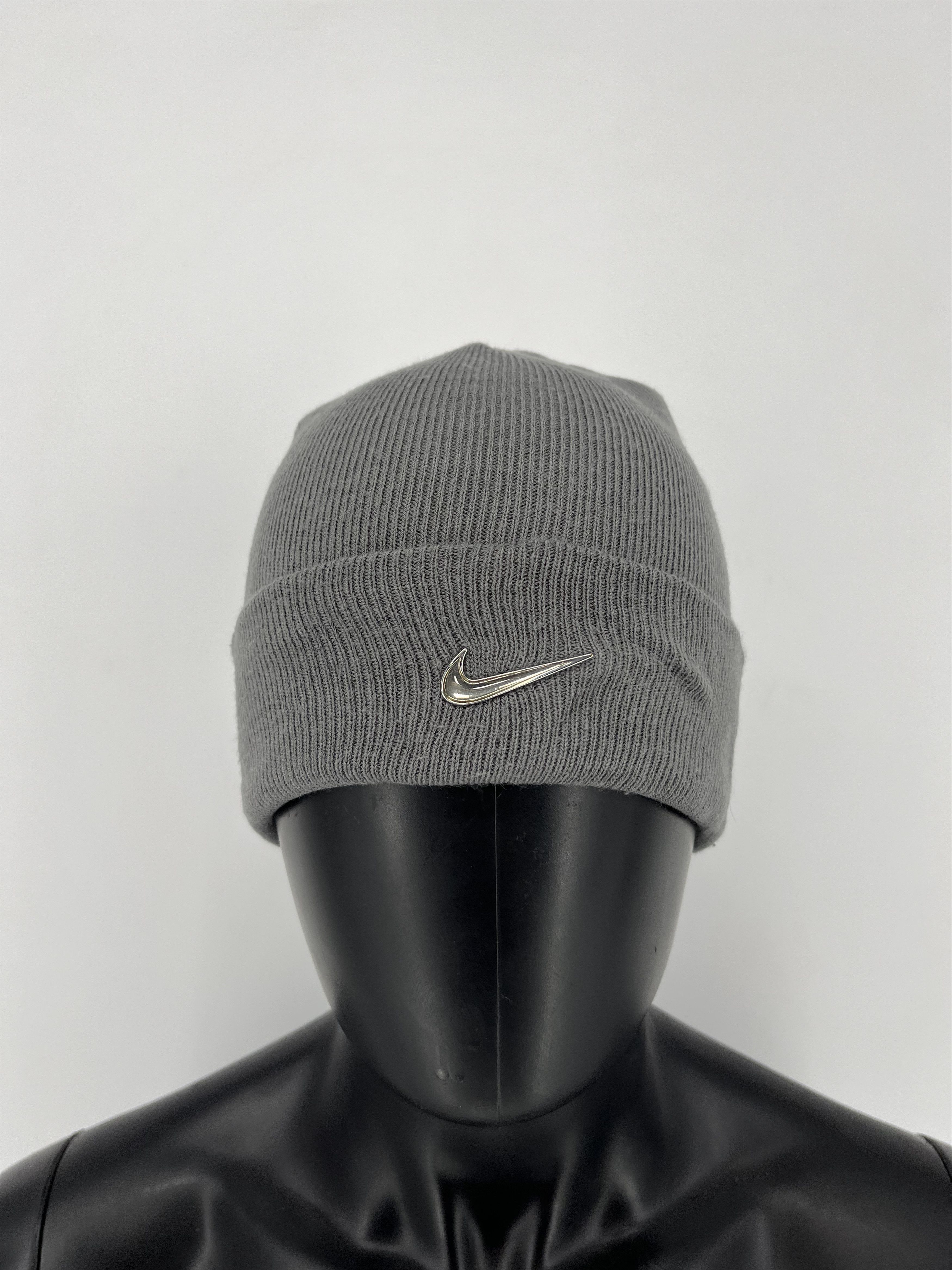 Pre-owned Nike X Vintage Nike Metal Swoosh Beanie Hat 90's Just Do It Style In Grey