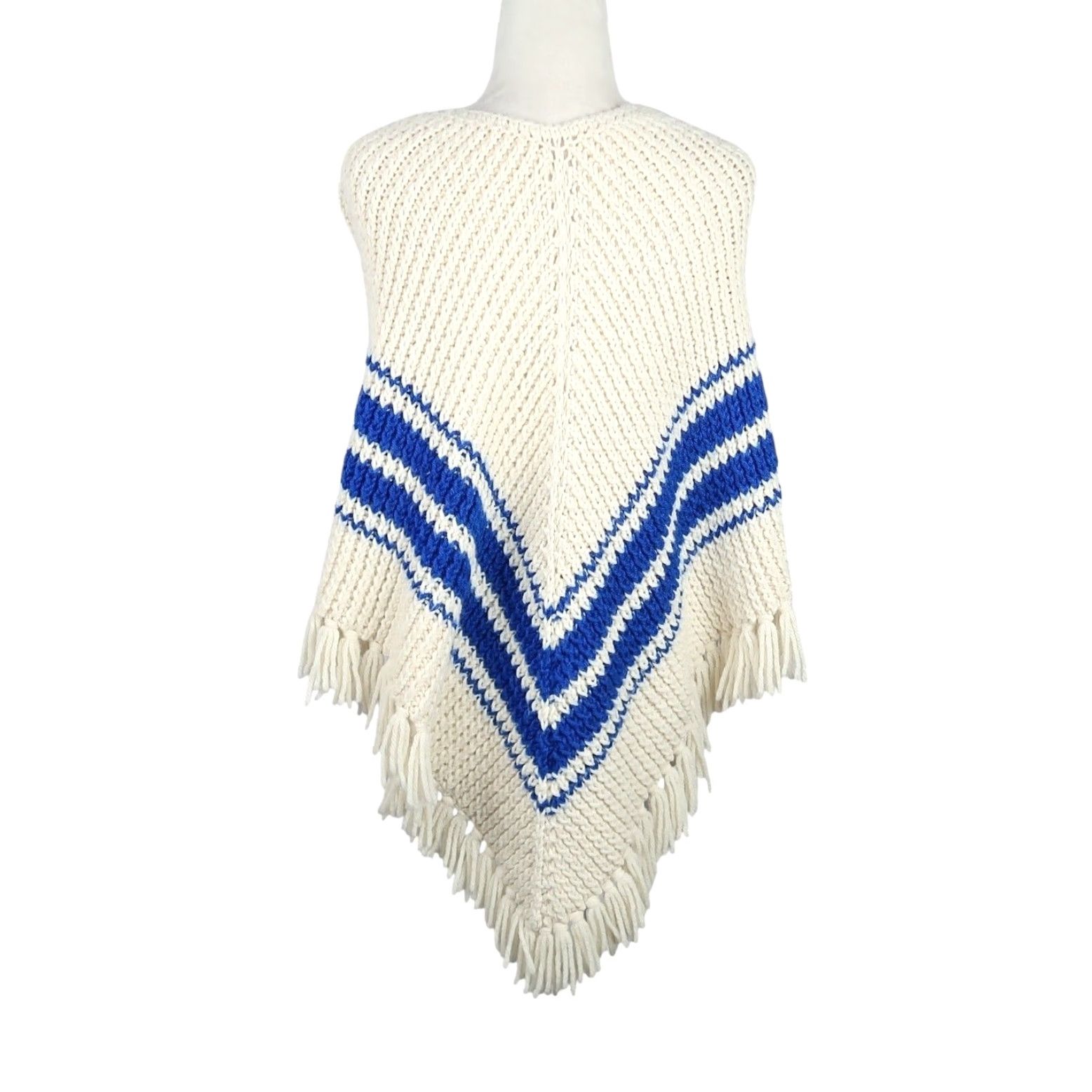 Vintage VINTAGE Cream and Blue Stripe Knit Poncho Sweater Fringe Trim Womens M Pullover Knit Acrylic Bohemian Hippie 70s Size M / US 6-8 / IT 42-44 - 4 Thumbnail