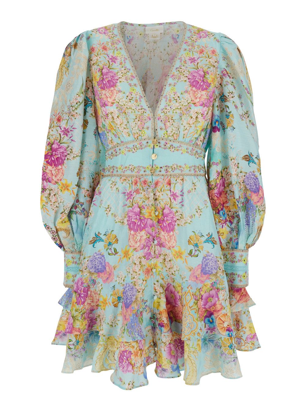 CAMILLA Dress with Long Balloon Sleeves 'Floral' in Multicolor Linen Blend for Women Size M / US 6-8 / IT 42-44 - 1 Thumbnail