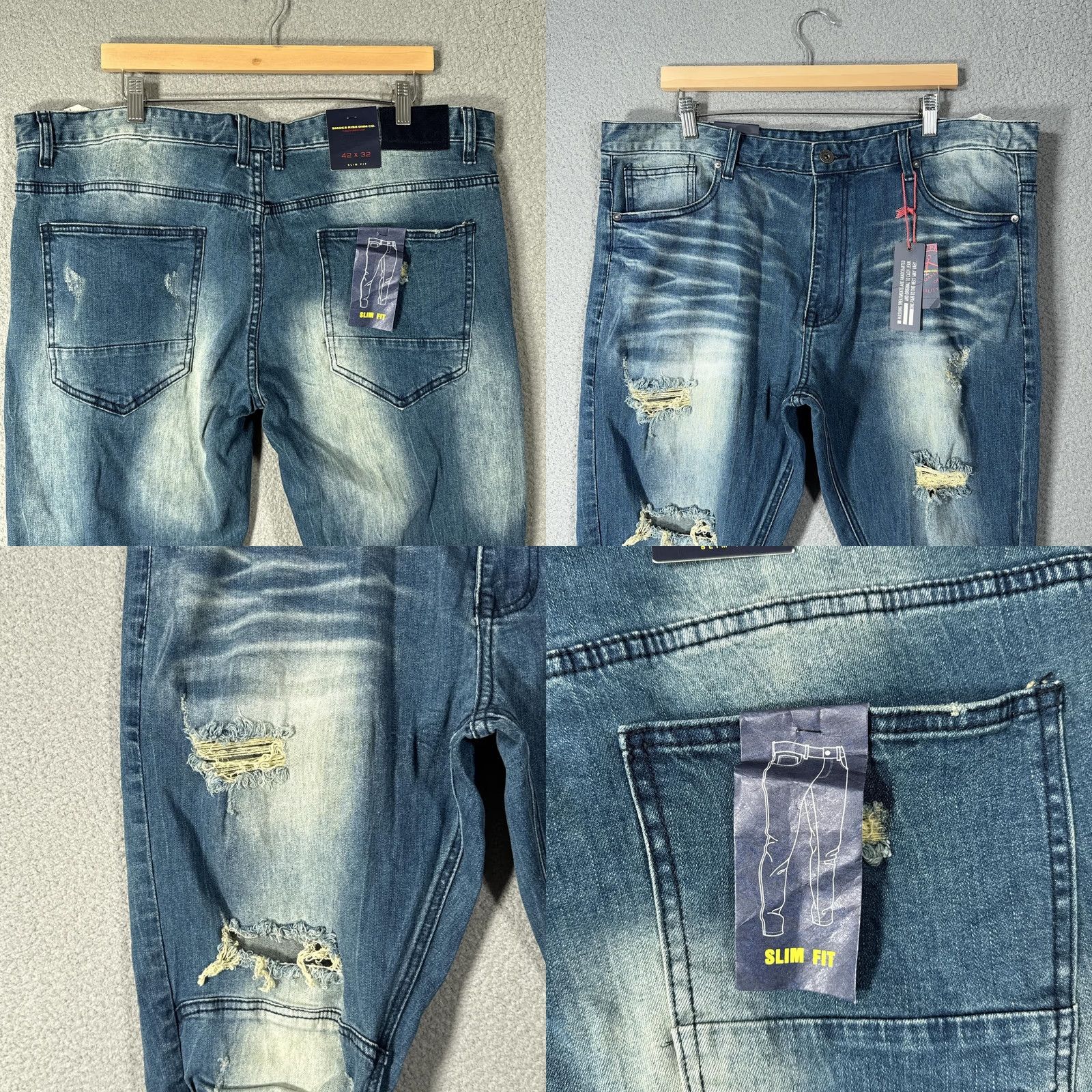 Vintage Smoke Rise Jeans Slim Tapered 42x32 Blue Light Wash Distressed Jeans Mens Slim Fit Denim JP8031 Size US 42 / EU 58 - 8 Thumbnail