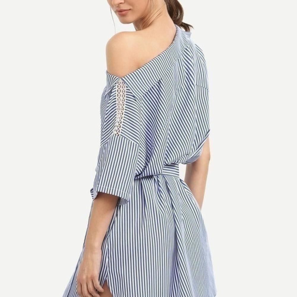 Shein Blue Striped One Shoulder Tie Waist Dress Size S / US 4 / IT 40 - 1 Thumbnail