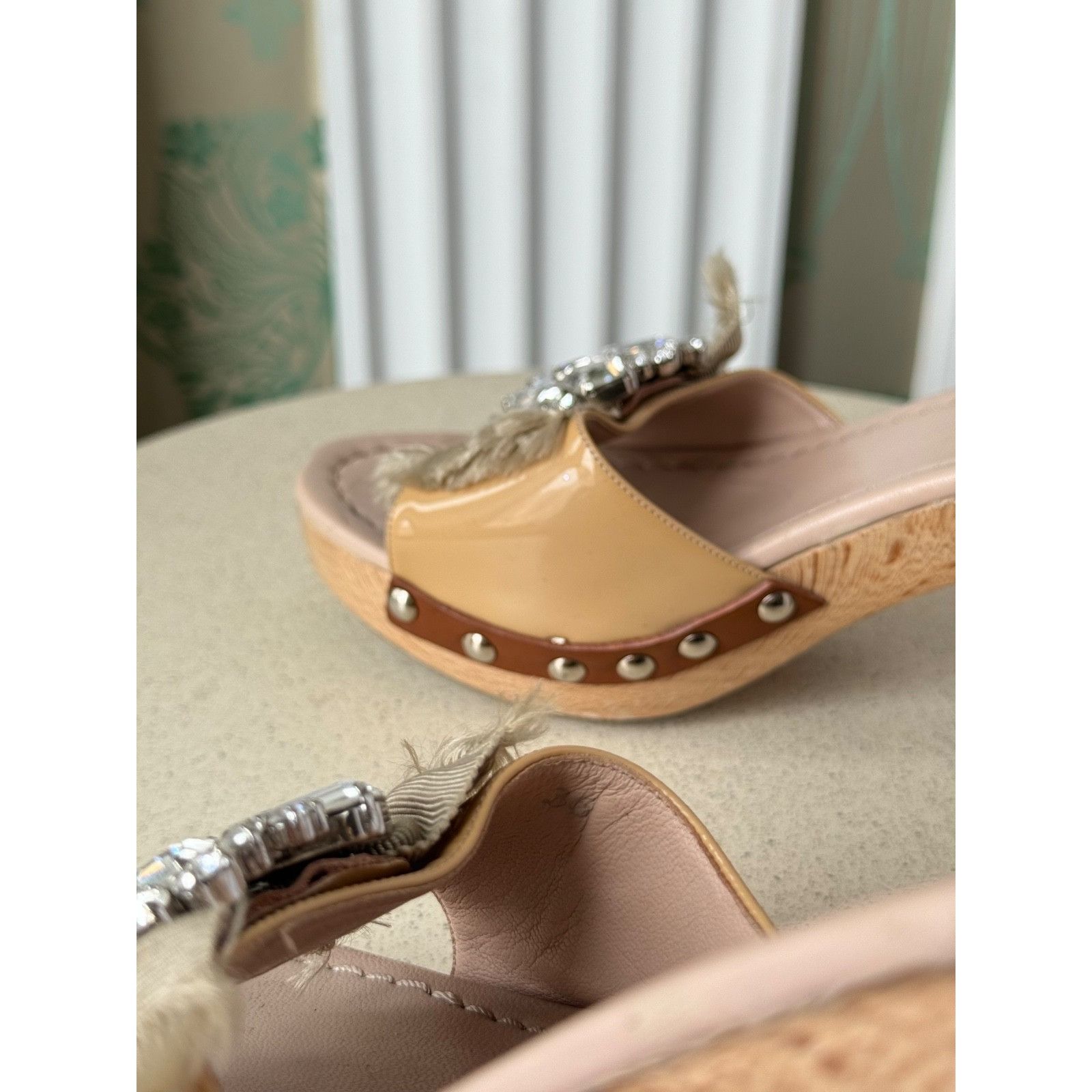 Miu Miu Miu Miu Beige Patent Leather Crystal Embellished Clogs Size US 6 / IT 36 - 11 Thumbnail