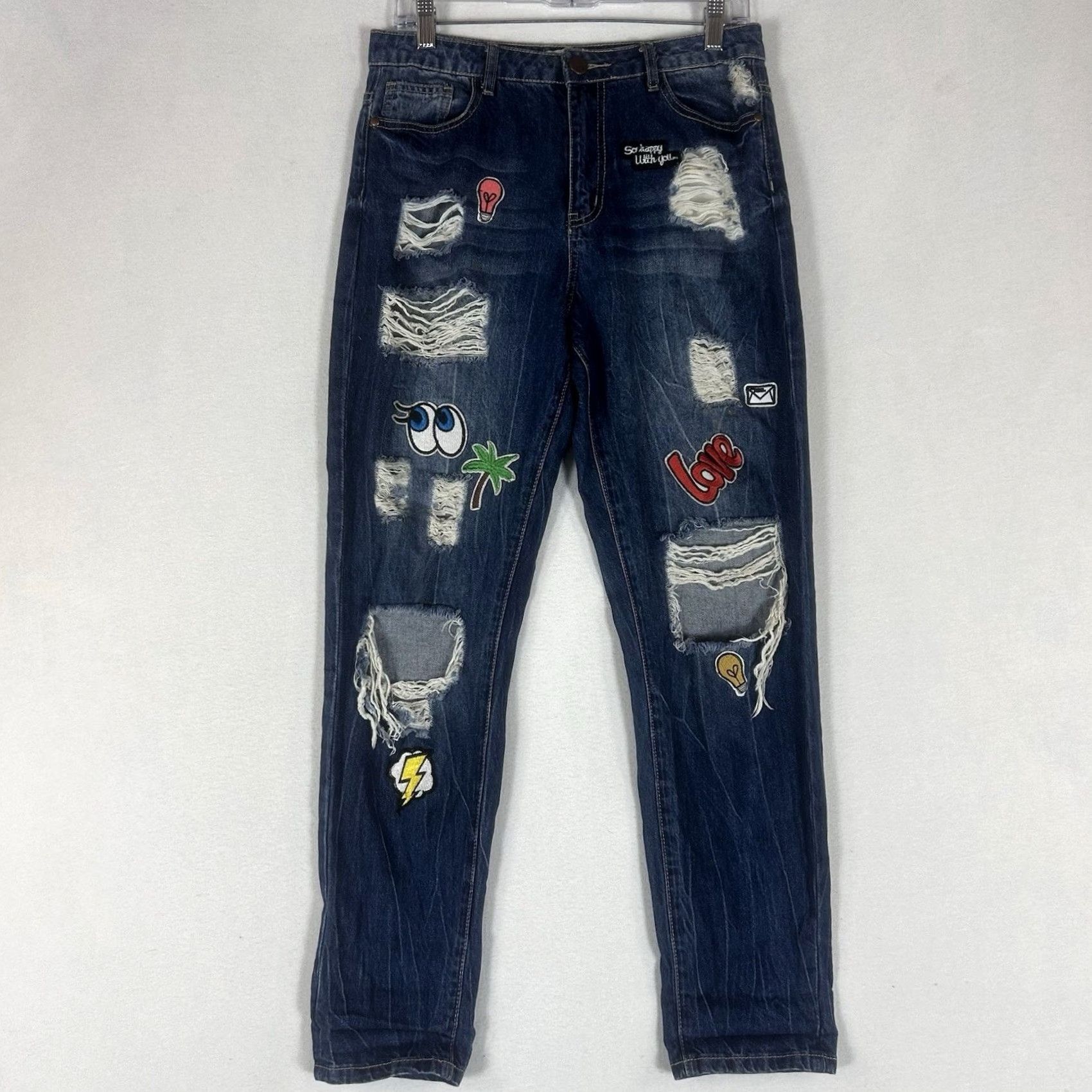 Forever 21 FOREVER 21 Jeans Straight Leg w/ Patches Womens 28 Blue Denim High Rise Casual Vintage No Size 28" / US 6 / IT 42 - 2 Thumbnail