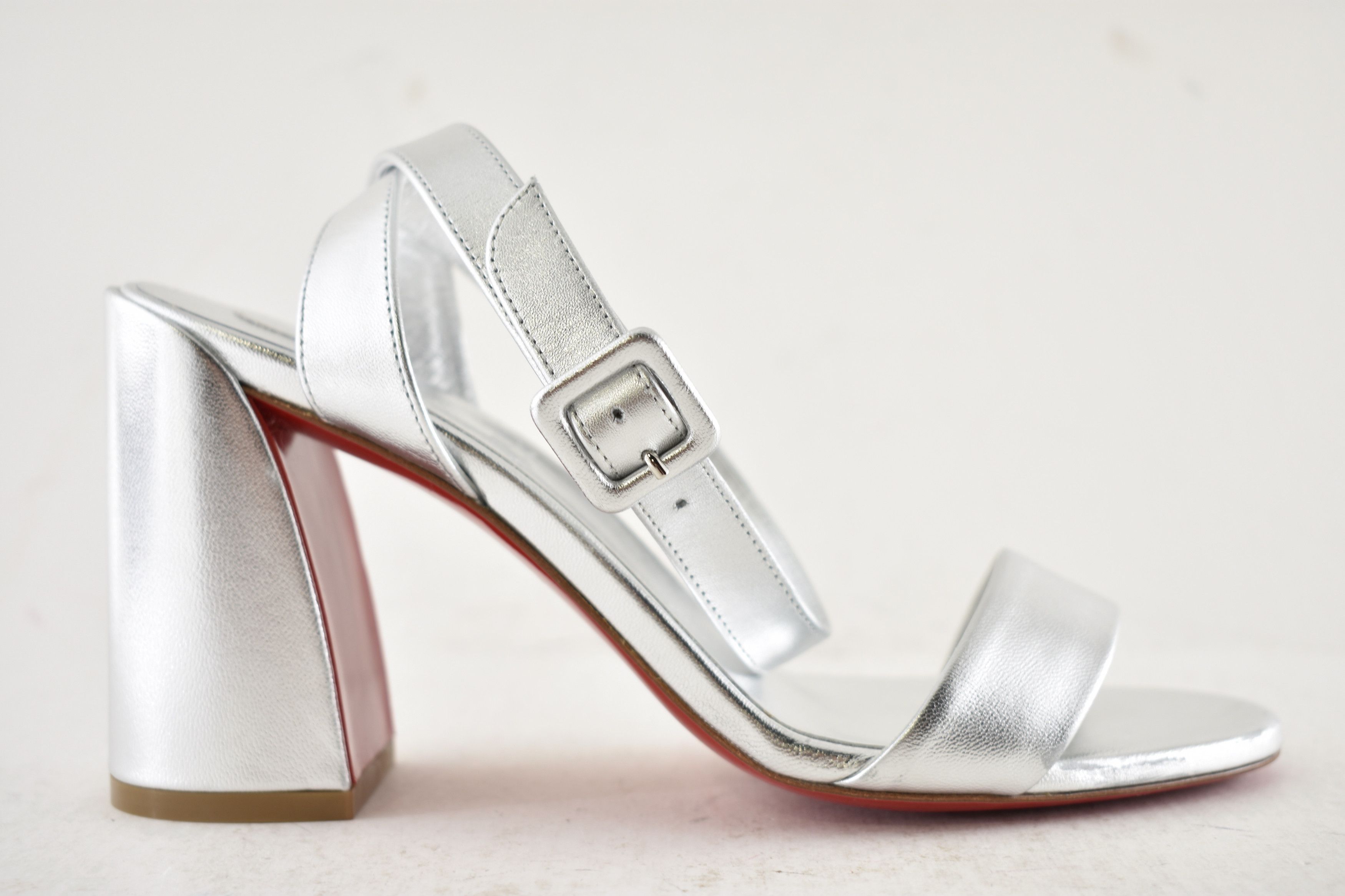 Christian Louboutin Miss Sabina 85 Silver Ankle Strap Block Heel Sandal 37 Size US 7 / IT 37 - 2 Thumbnail