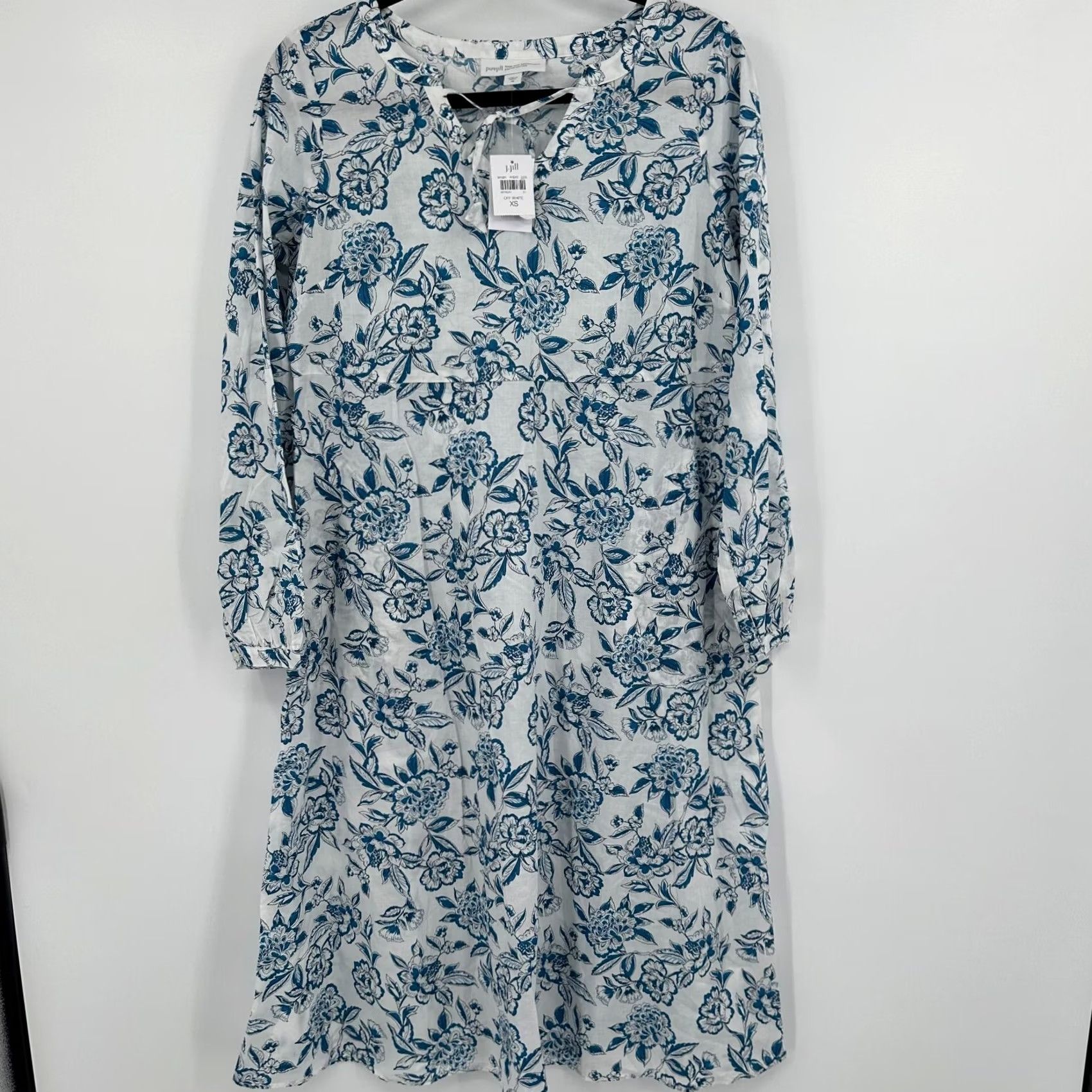 Vintage Pure Jill Shift Dress Women XS Blue & White Floral Organic Cotton Tassel Tie Front Dress Size XS / US 0-2 / IT 36-38 - 2 Thumbnail
