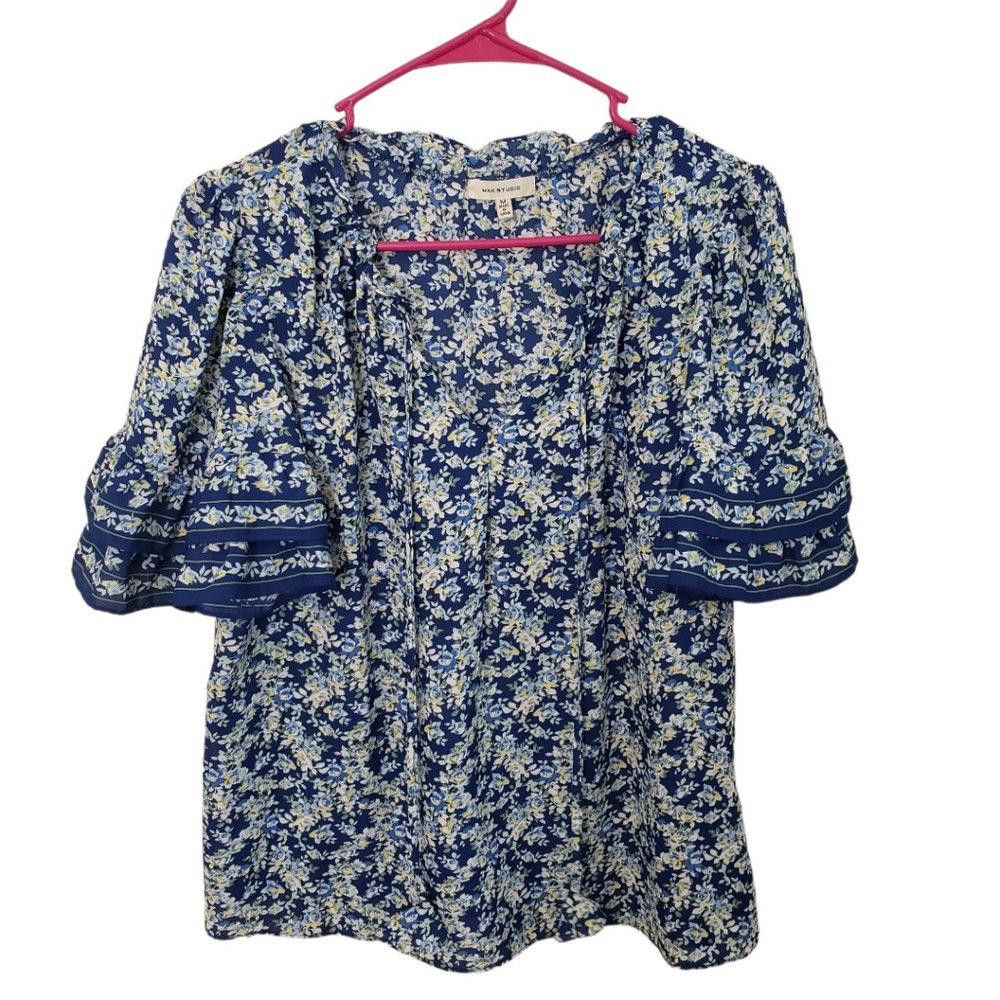 Designer CT440 Max Studio Ladies Blue Floral Ruffled Sleeve Blouse M Size M / US 6-8 / IT 42-44 - 1 Thumbnail