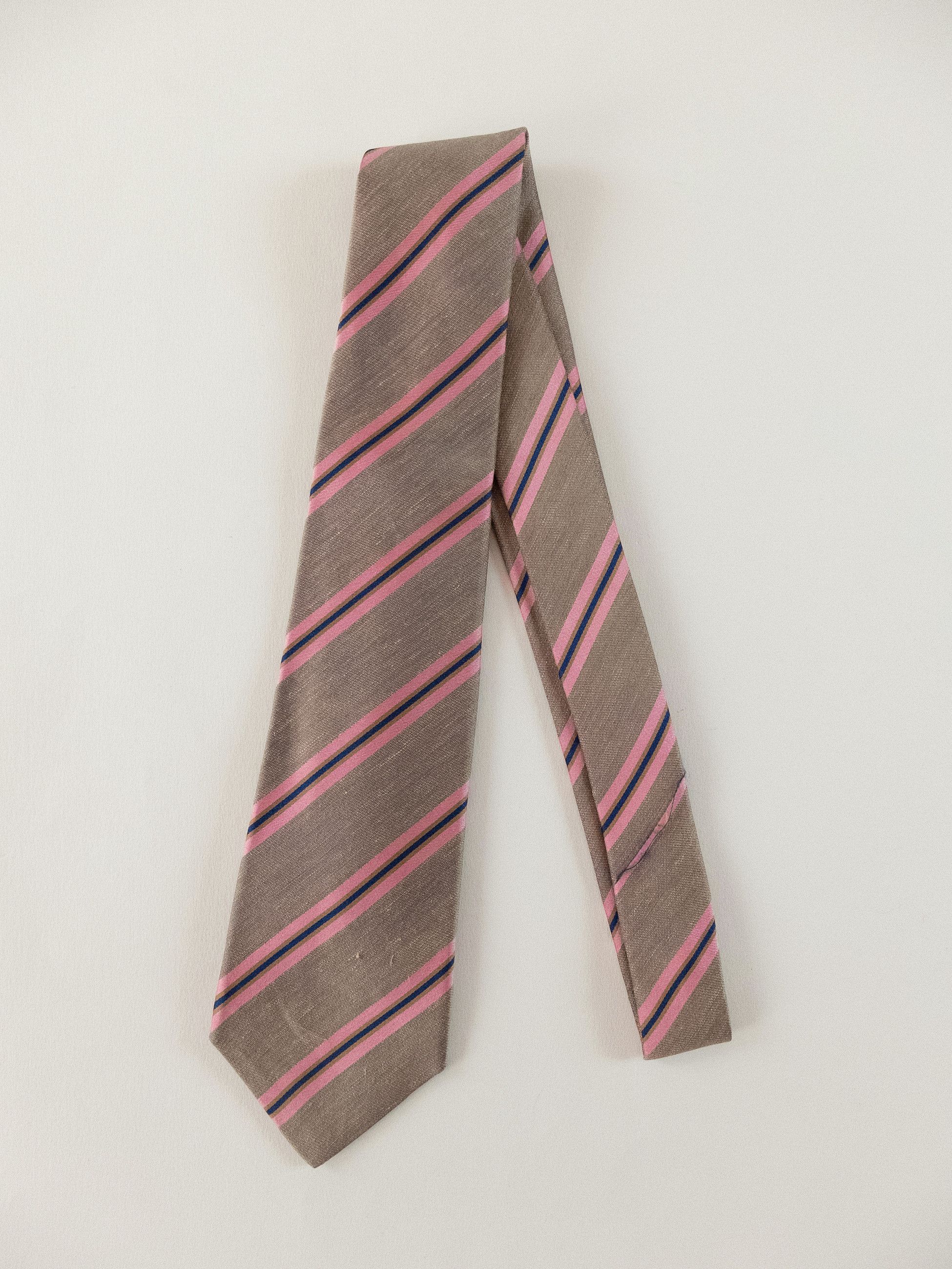 Kiton KITON Napoli hand made 7 fold beige striped silk linen tie Size ONE SIZE - 1 Thumbnail