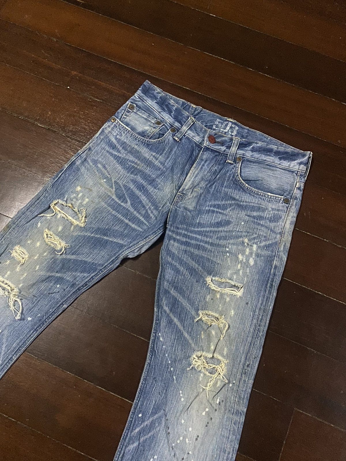 Designer × Edwin FIRE 🔥 EDWIN BLUE TRIP 503 WIDE LEG BOOT CUT DISTRESSED Size US 35 - 7 Thumbnail