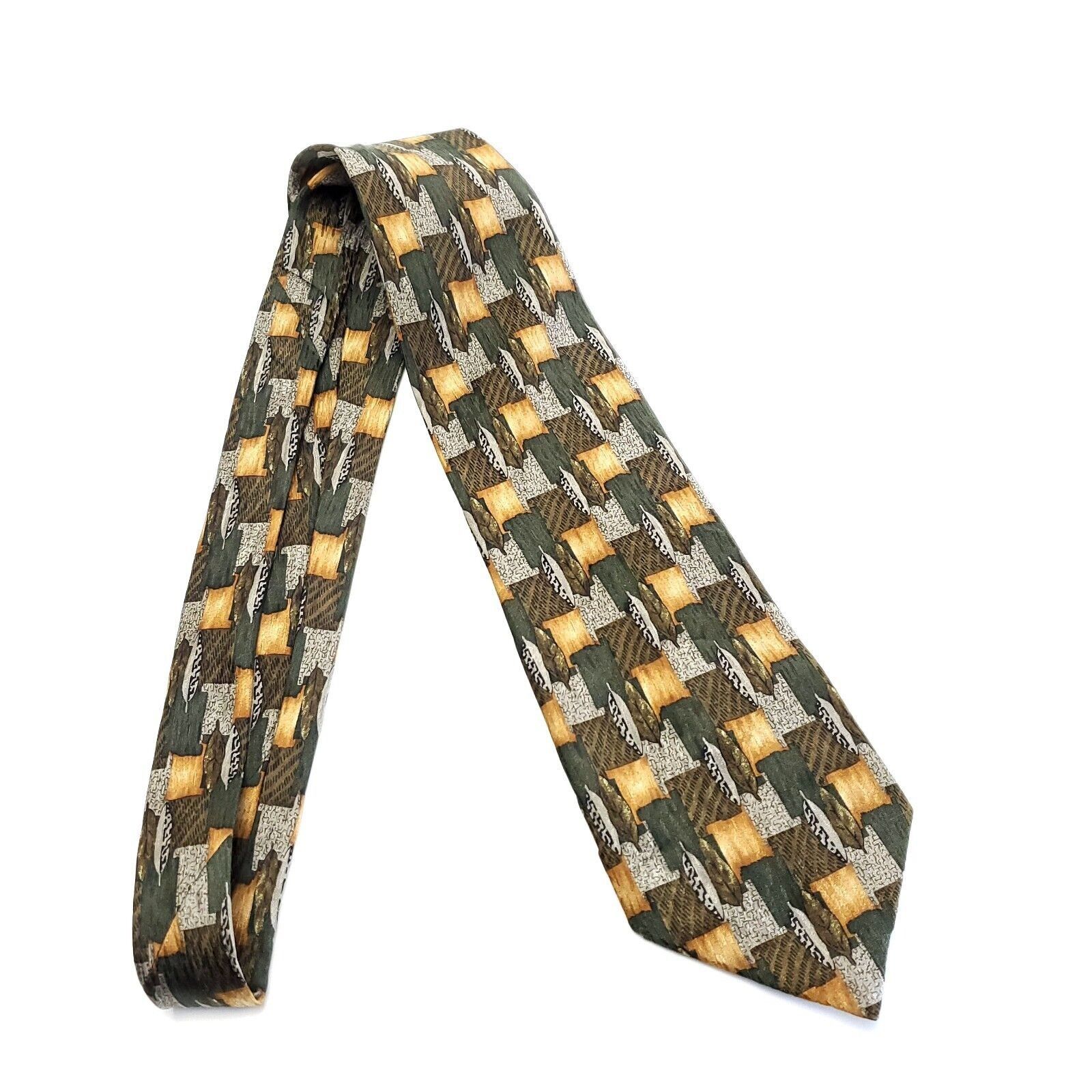 Vintage Cocktail Collections Green Tan Abstract Print Wide Silk Tie Size ONE SIZE - 6 Thumbnail