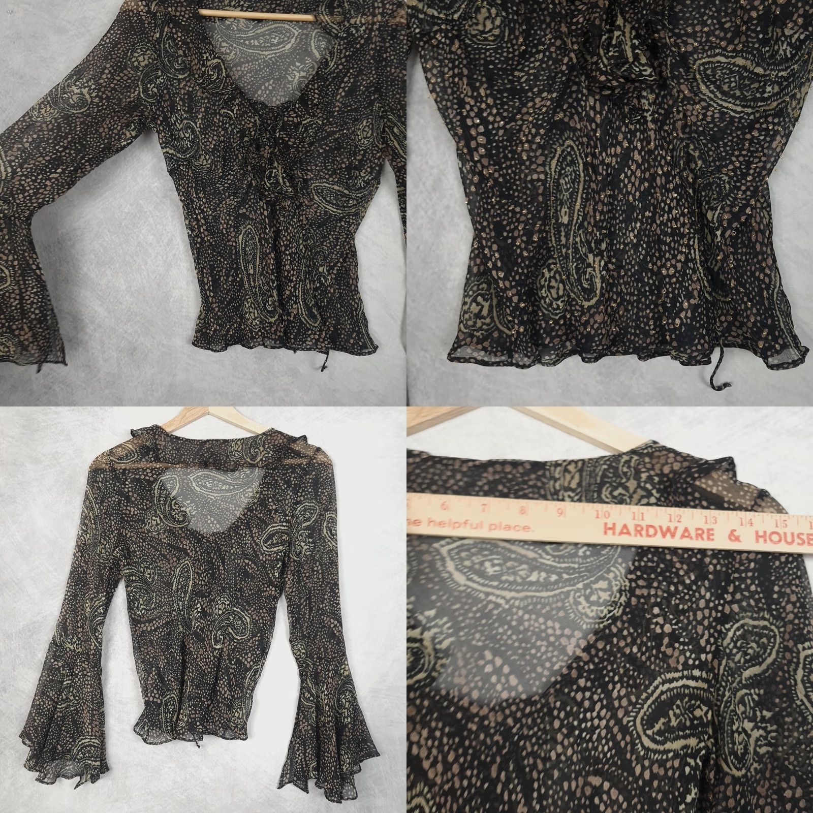Bell VINTAGE Y2K Whimsy Fairy Top Womens Small Black Beaded Ruffle Bell Sleeve Blouse Size S / US 4 / IT 40 - 10 Thumbnail