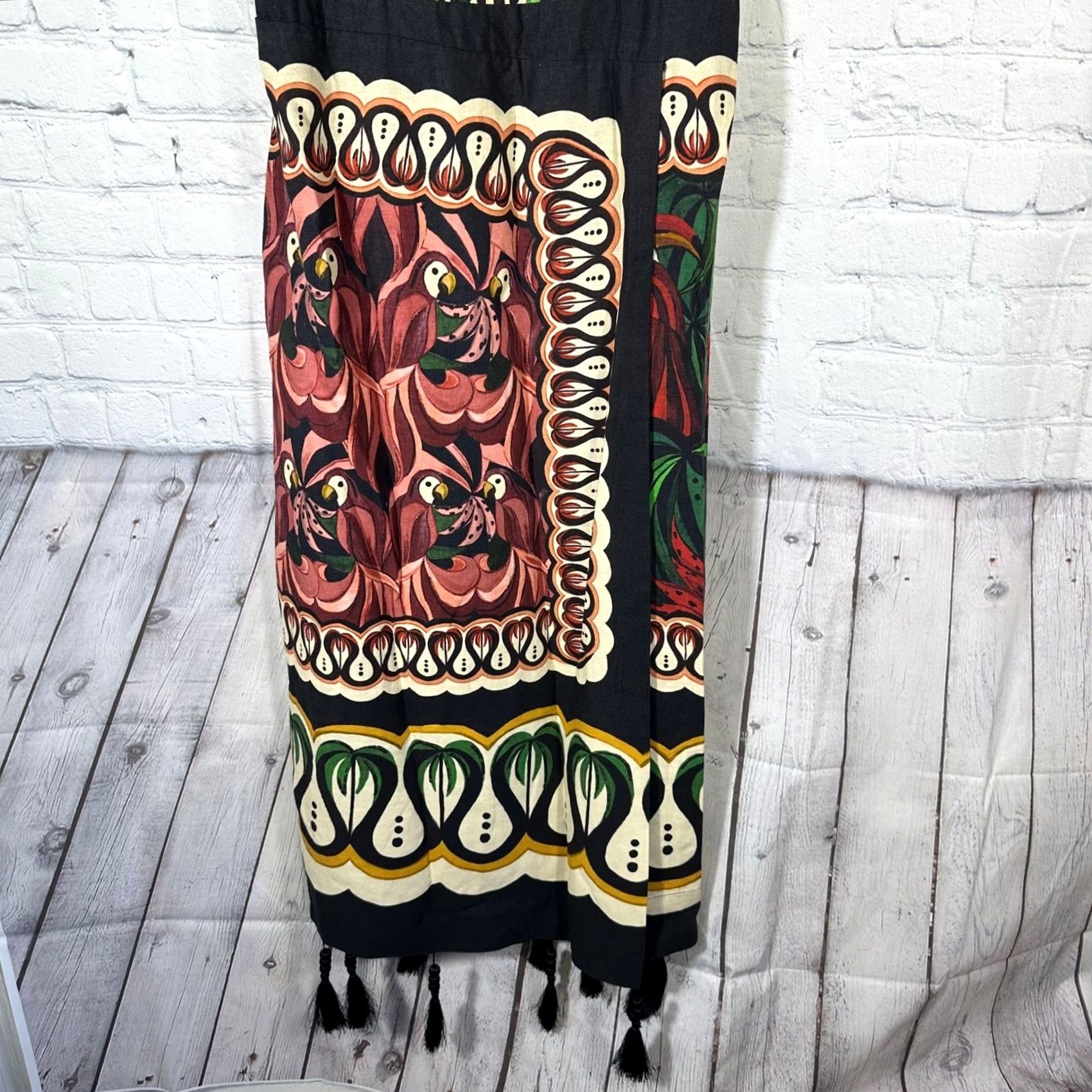 Farm Rio Farm Rio Dress Multicolor Midi L Wrap Tie Spaghetti Straps Tassel Hem Geometric Bohemian Tropical Birds Women Fashion Size L / US 10 / IT 46 - 5 Thumbnail