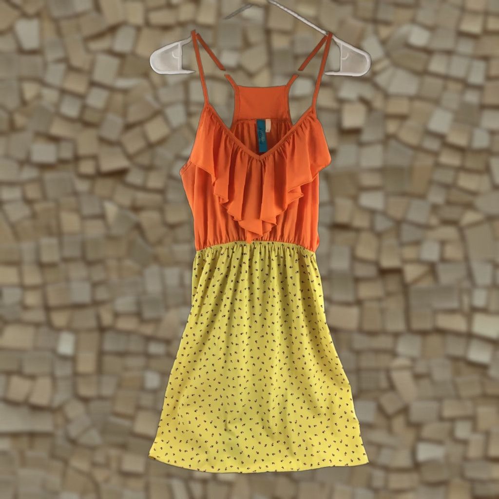 Vintage Buttons Dress Women Small Orange Yellow Ruffle Front Knee Length Elastic Waist Dress Size S / US 4 / IT 40 - 1 Thumbnail