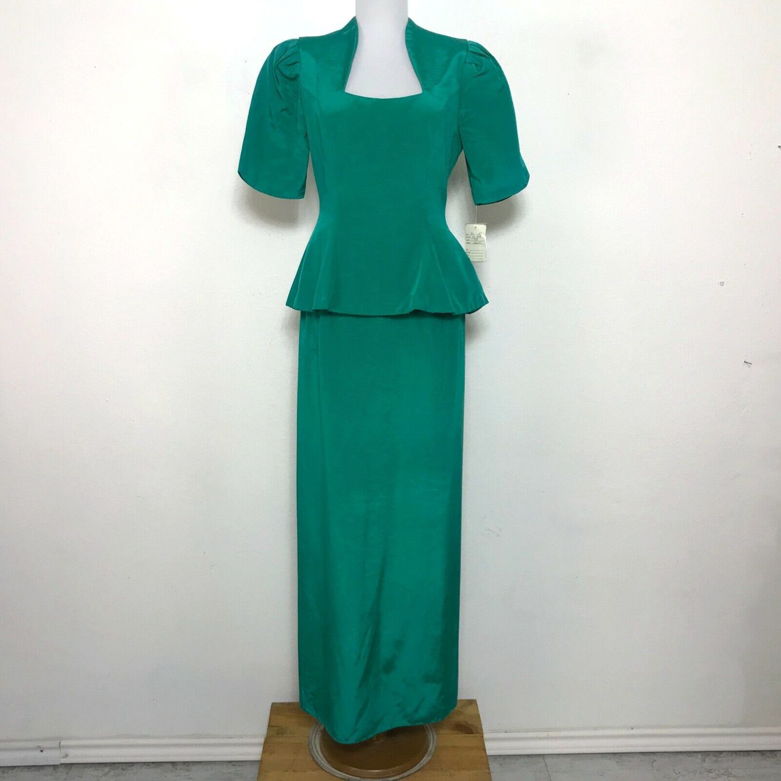 image of Vintage 1980S Dress Size S Prom Formal Party Green Short Sleeve Womens Peplum in White