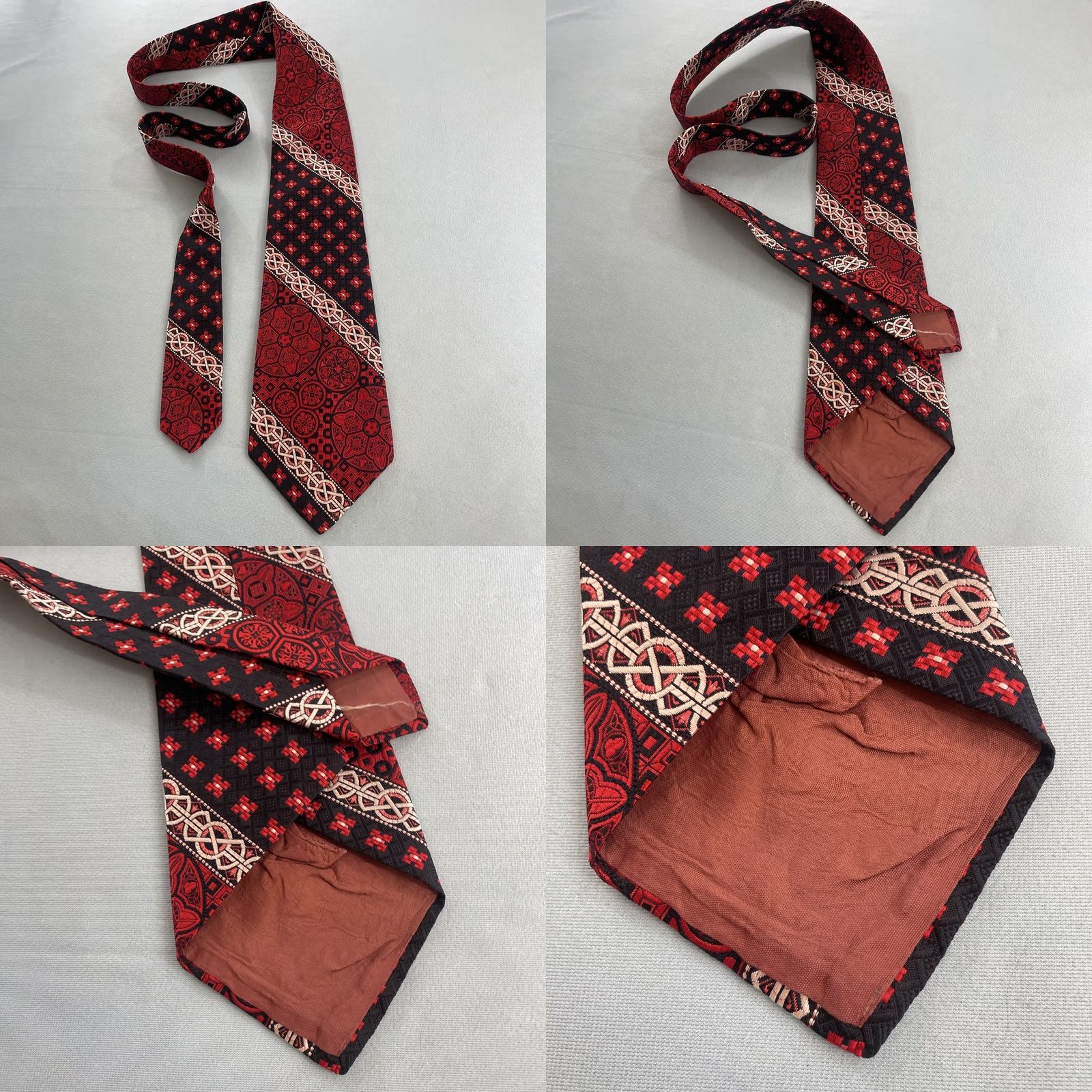 Vintage VINTAGE Necktie 4.5" Kipper Handmade Jacquard Rockabilly Mob Boss Red Black White Geometric Vintage Tugged Capable Wide Tie Mens Size ONE SIZE - 8 Thumbnail