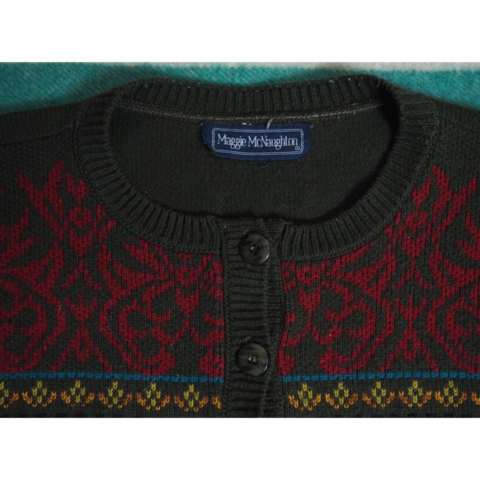 Vintage VINTAGE Maggie McNaughton Forest Green Tapestry Acrylic Button Cardigan 2XL 80s 90s Geometric Mens Womens? Size XXL / US 16-18 / IT 52-54 - 2 Thumbnail
