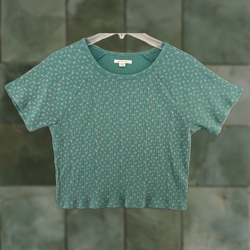 American Eagle Outfitters American Eagle Womens XL Green Floral Cropped Ribbed Shirt Size XL / US 12-14 / IT 48-50 - 1 Thumbnail