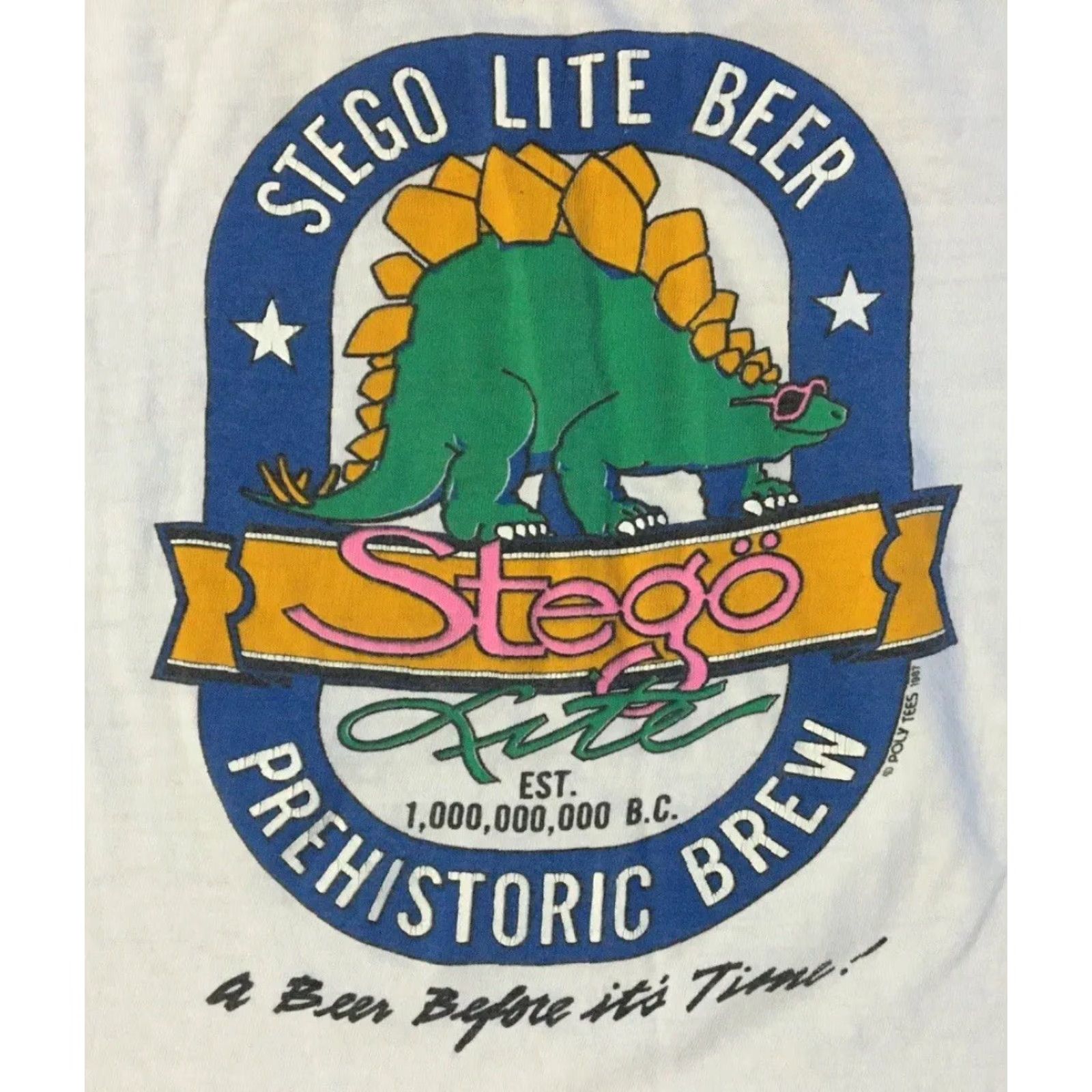 Vintage VINTAGE 80s Stegosaurus Beer Hawaii Shirt Mens Small White Distressed Grunge Band Tee S M Beach Bar humor Size US S / EU 44-46 / 1 - 3 Thumbnail