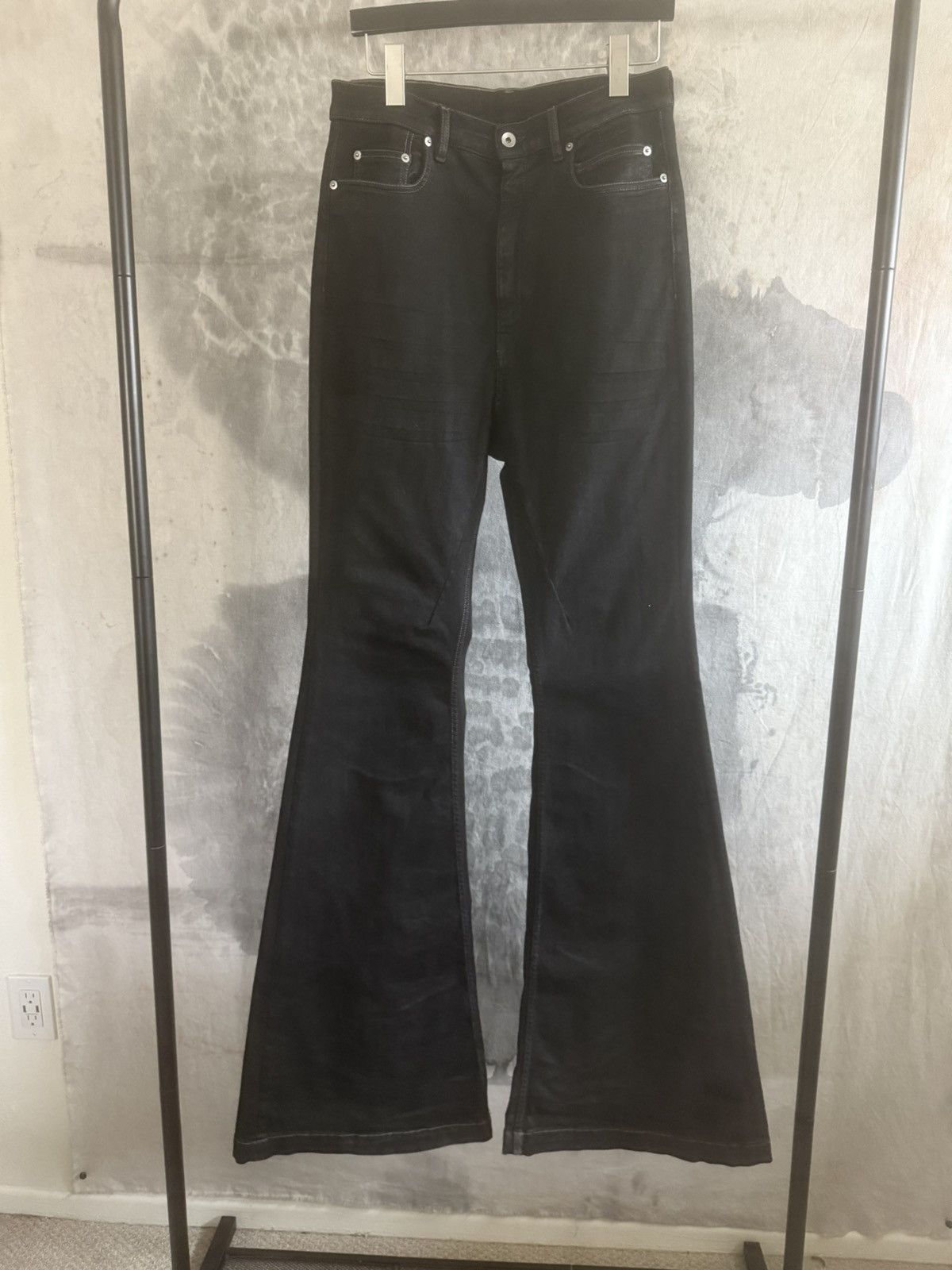 bolan似black waxed flare denim opium Rick Owens Waxed Bolan Boot Cut Jeans – Acroera
