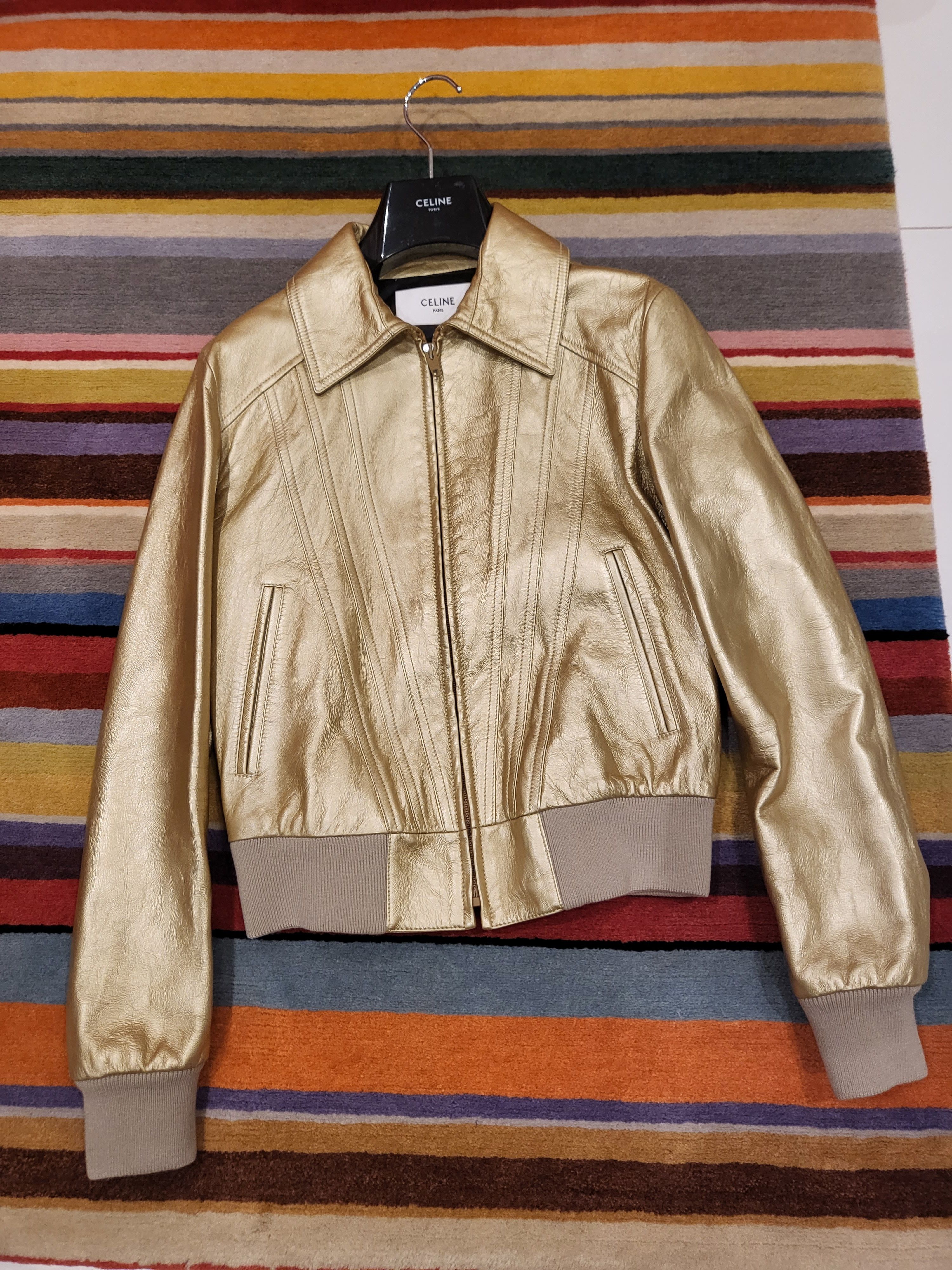 image of Celine Gold Leather Jacket In Size 44, Men's