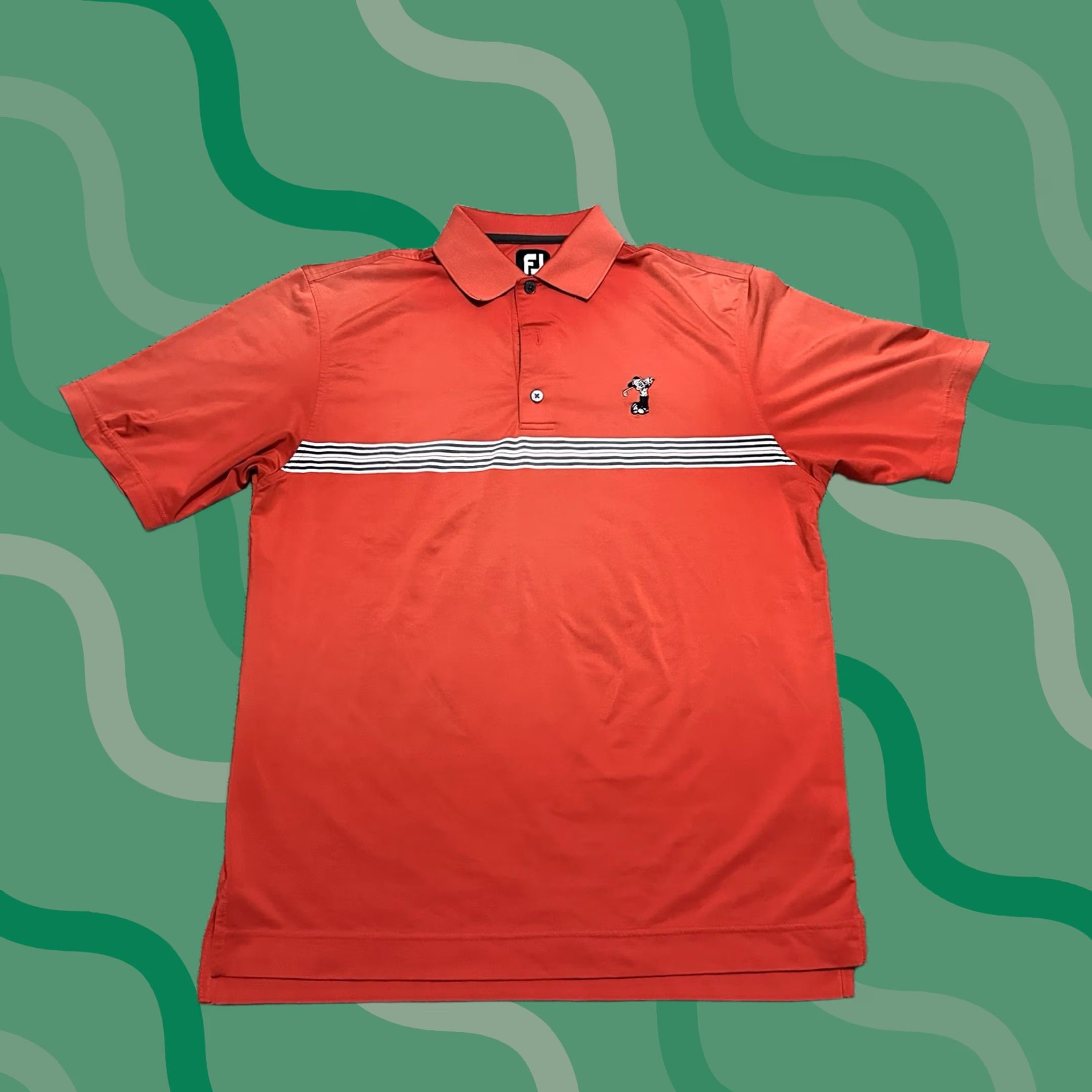 Footjoy FootJoy Mickey Mouse Polo Shirt Mens Medium Golf Breathable Collared Orange Polyester Embroidered Logo Striped Short Sleeve 9 M Size US M / EU 48-50 / 2 - 1 Thumbnail