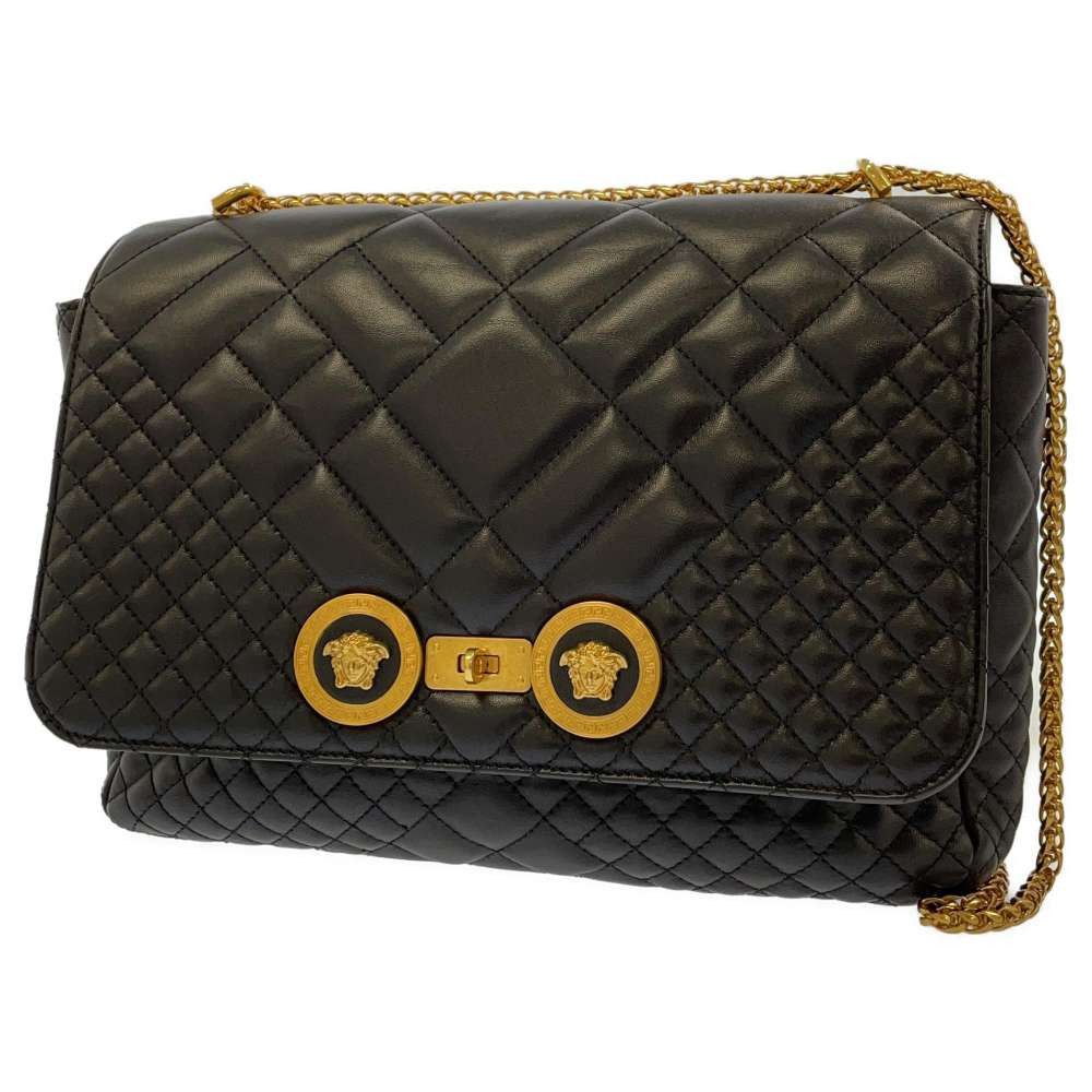 image of Gianni Versace Chain Shoulder Bag Logo Medusa Quilted Black Leather, Women's