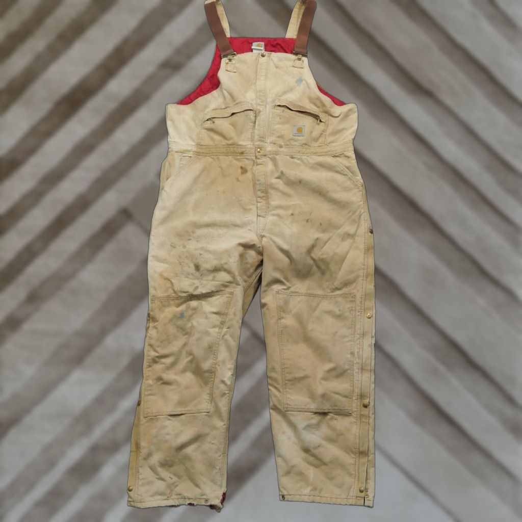 VINTAGE Carhartt Overalls Mens 50x32 Tan Brown 80s Work Quilt Lined Canvas