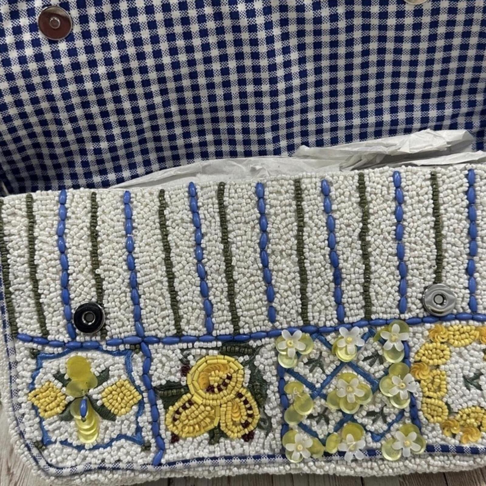 Marsell TikTok Viral Yellow and Blue Lemon Toile Tile Beaded Bag Size ONE SIZE - 4 Thumbnail