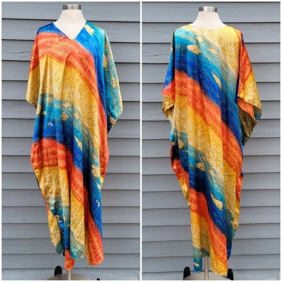 Vintage Vintage 80s Sunset Orange Gold Blue Beach Cover Up Shell Kaf Size ONE SIZE - 6 Thumbnail