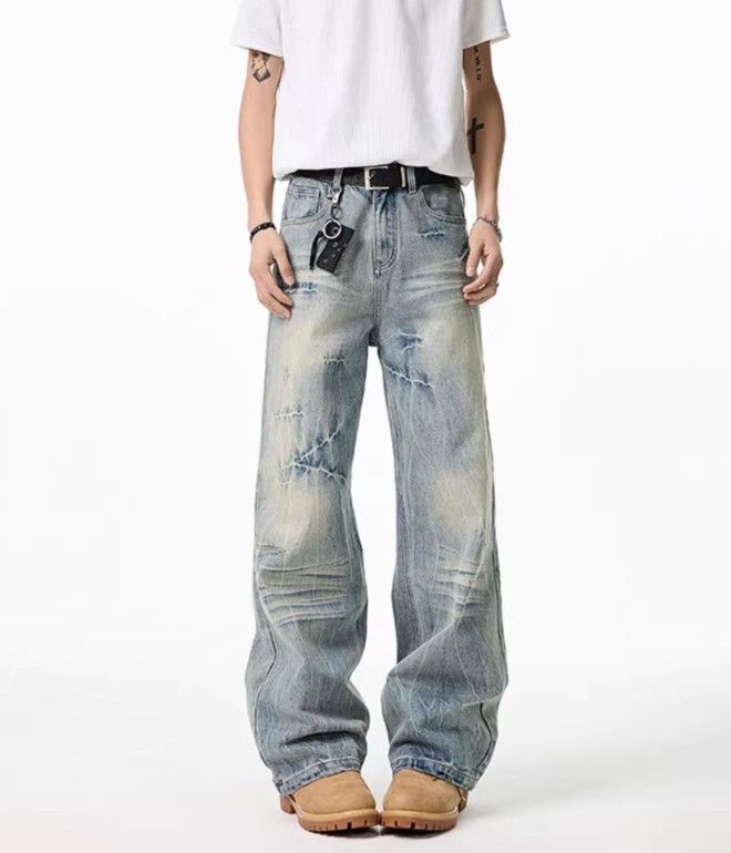 Japanese Brand American washed men's distressed wide-leg jeans Size US 32 / EU 48 - 2 Thumbnail