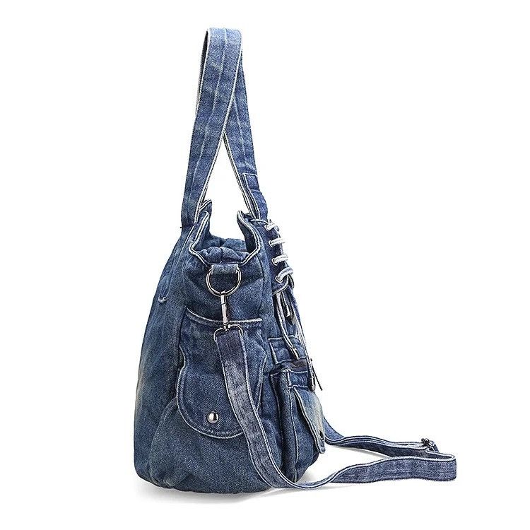 Vintage Y2k Casual Denim Tote Bag Hobo Bag with Pockets Size ONE SIZE - 4 Thumbnail