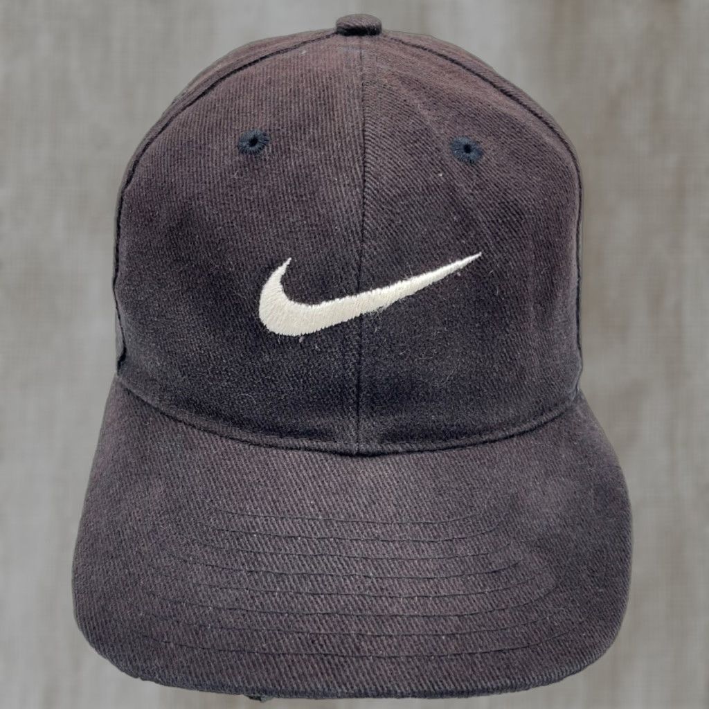 Nike VINTAGE Nike Hat Cap Snap Back Black Center Swoosh Script 80s 90s Worn Sun Faded Size ONE SIZE - 1 Thumbnail