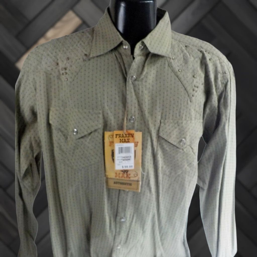 Vintage FRANKY MAX Pearl Snap Western Shirt Khaki Long Sleeve Studded Embroidery Geometric NWT LG Mens Size US L / EU 52-54 / 3 - 1 Thumbnail