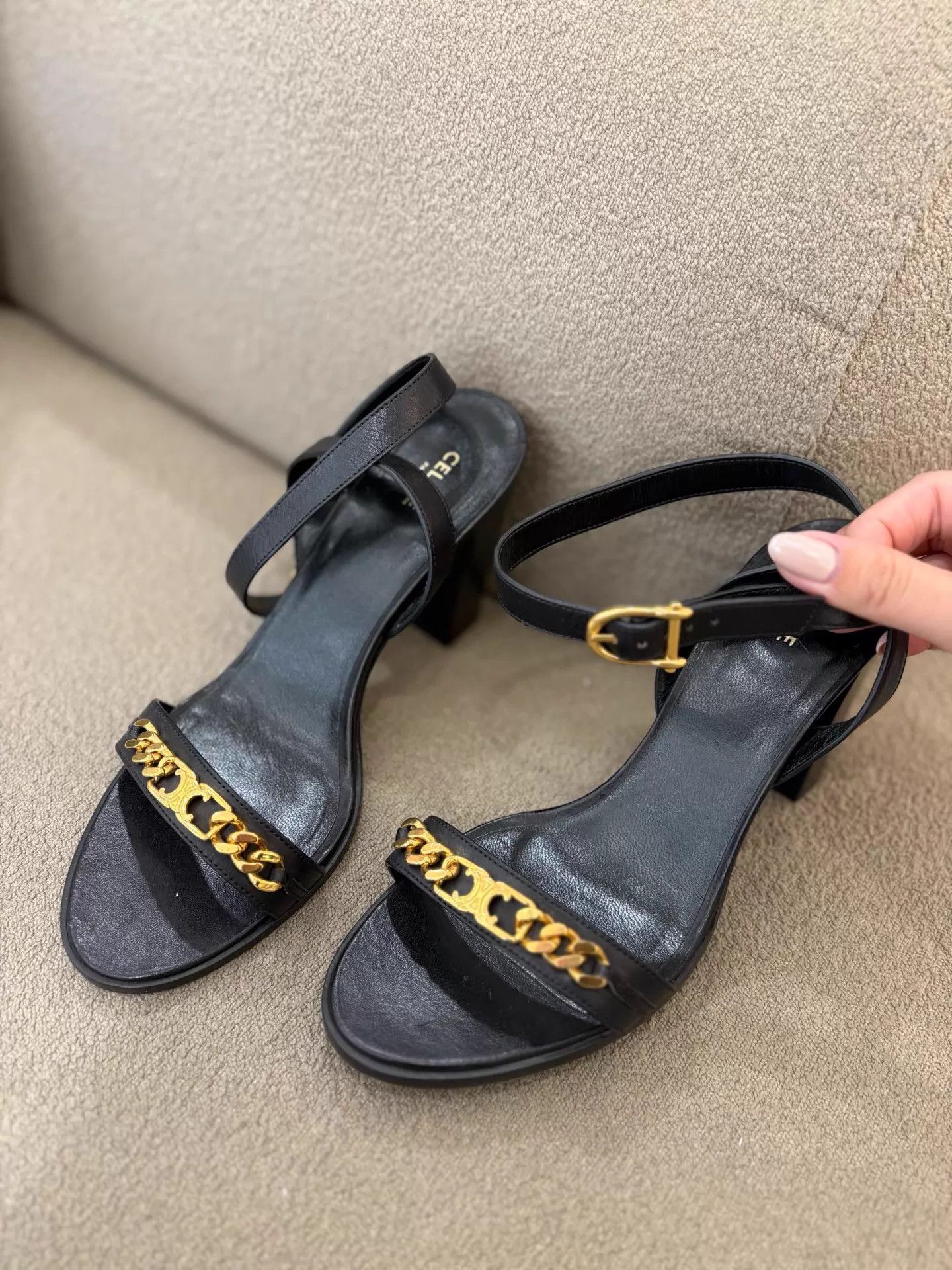 Celine Celine Black Gold Triomphe Block Heel Sandals 37 New Size US 6.5 / IT 36.5 - 1 Thumbnail